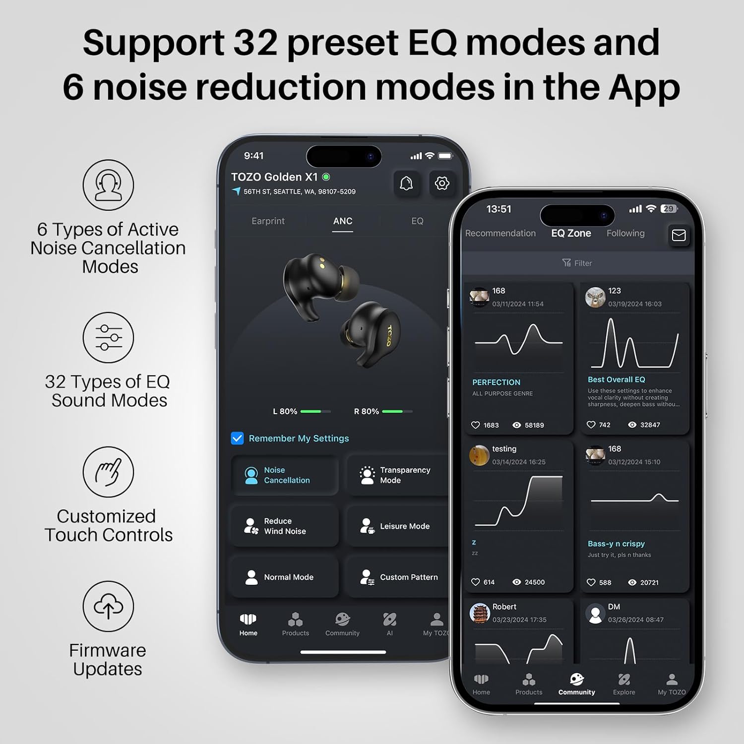 TOZO TOZO Golden X1 Wireless Earbuds with Balanced Armature and Hybrid Dynamic Driver Bluetooth Headphones Noise Cancellation Galaxy Blue Black - View 4 of 8