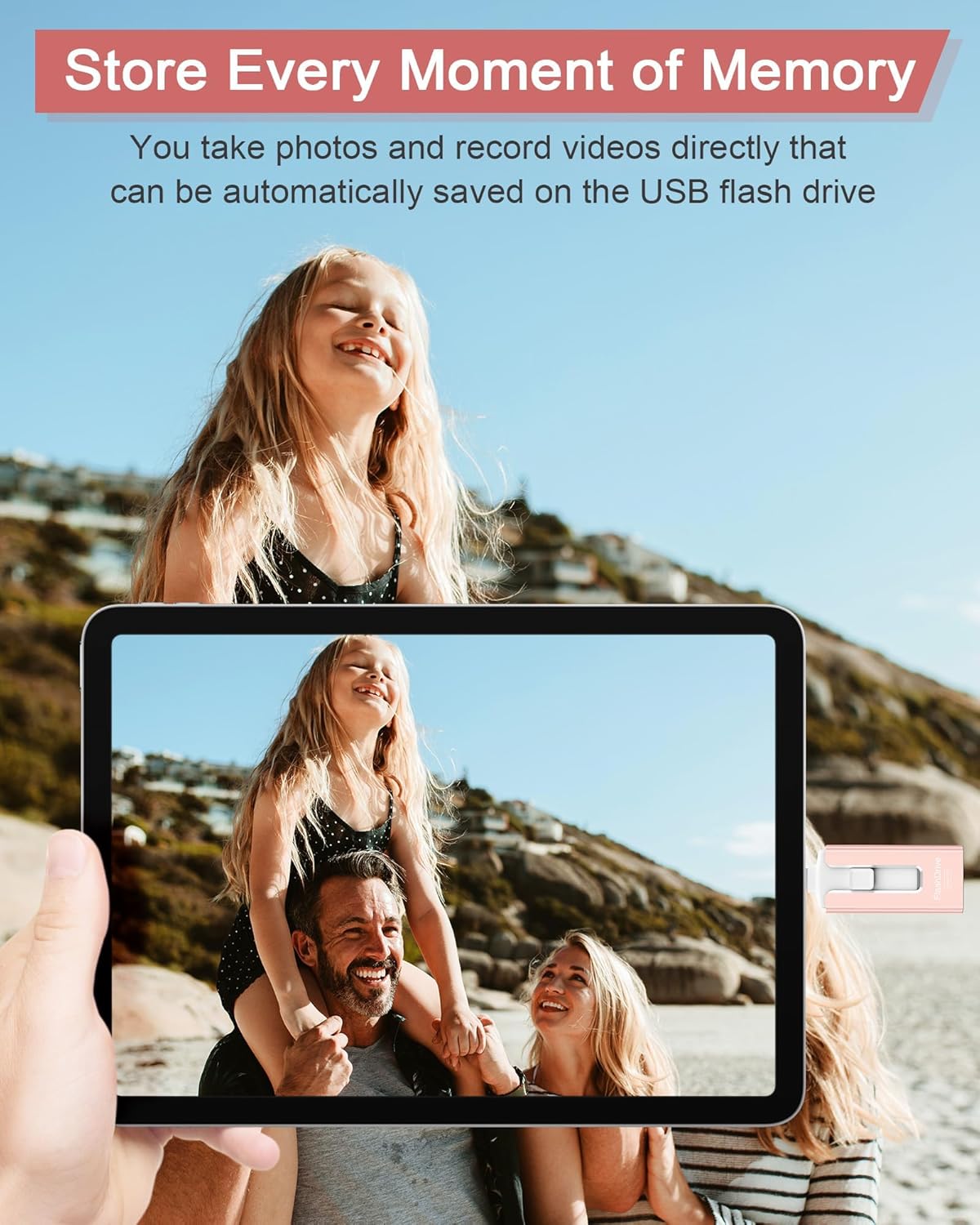 GNASEET 256GB USB Flash Drive for Phone and Pad High Speed External Thumb Drive for Photo and Video Storage in Pink - View 5 of 9