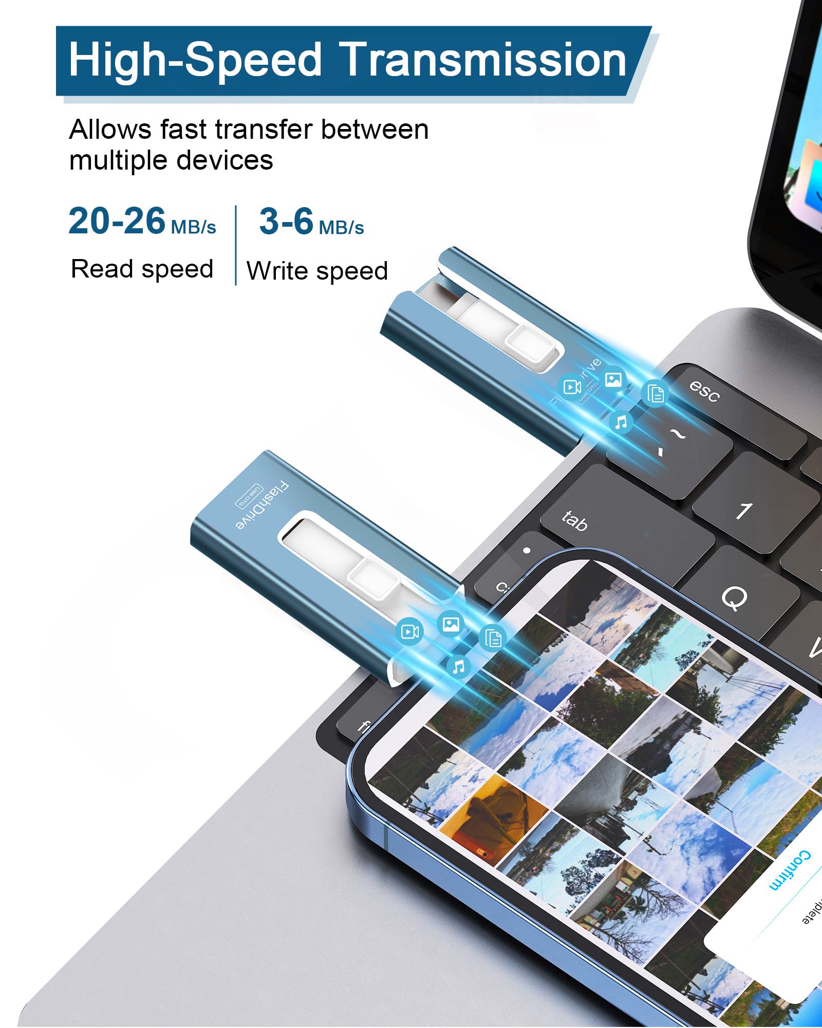 GNASEET 256GB USB Flash Drive for Phone and Pad High Speed Photo Storage Memory Stick Save More Photos and Videos Blue - View 3 of 9