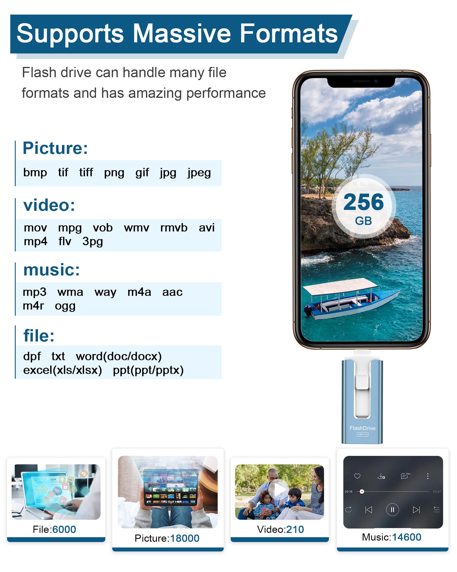 GNASEET 256GB USB Flash Drive for Phone and Pad High Speed Photo Storage Memory Stick Save More Photos and Videos Blue - View 7 of 9