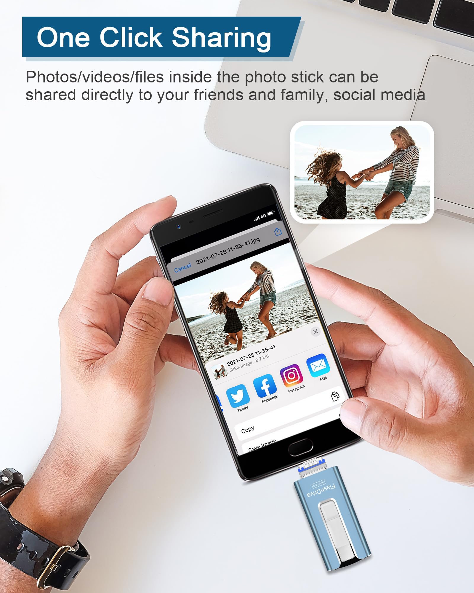 GNASEET 256GB USB Flash Drive for Phone and Pad High Speed Photo Storage Memory Stick Save More Photos and Videos Blue - View 8 of 9