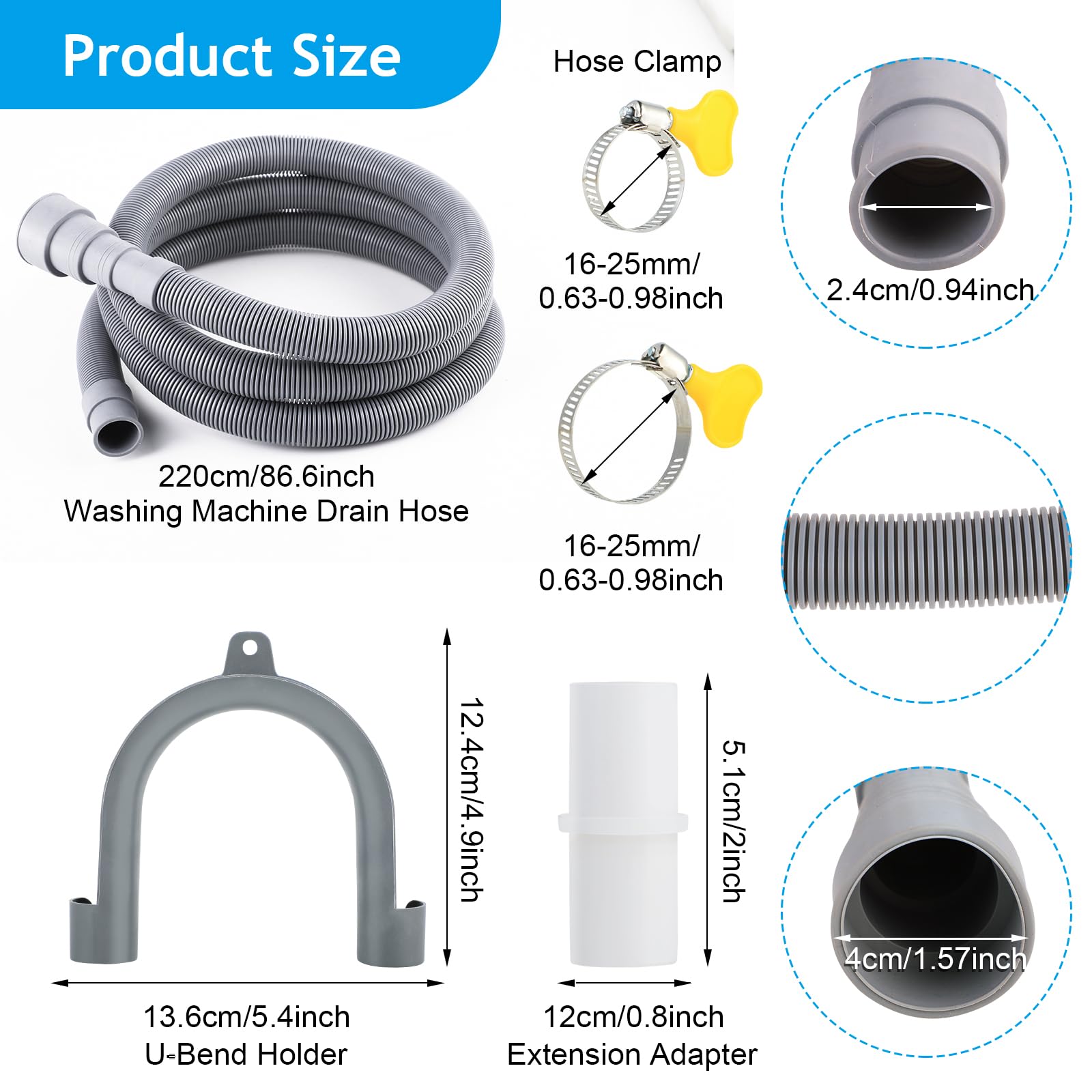Sunenlyst Sunenlyst 6.5 Feet Washing Machine Drain Hose Universal Dishwasher Extension Kit Flexible Portable Discharge Hose with U-Bend Holder and Clamps - View 2 of 7