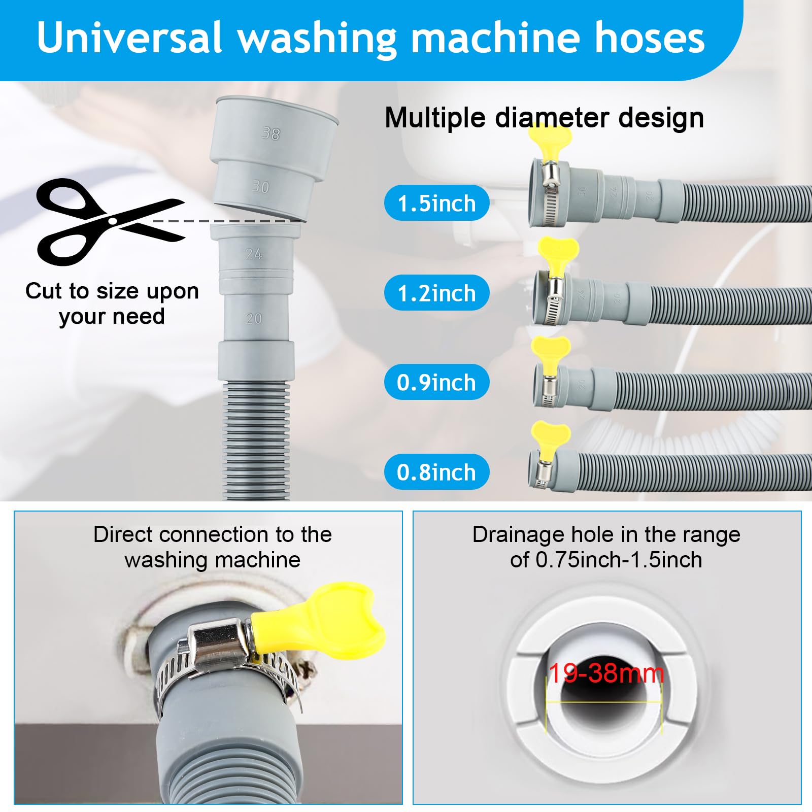 Sunenlyst Sunenlyst 6.5 Feet Washing Machine Drain Hose Universal Dishwasher Extension Kit Flexible Portable Discharge Hose with U-Bend Holder and Clamps - View 4 of 7