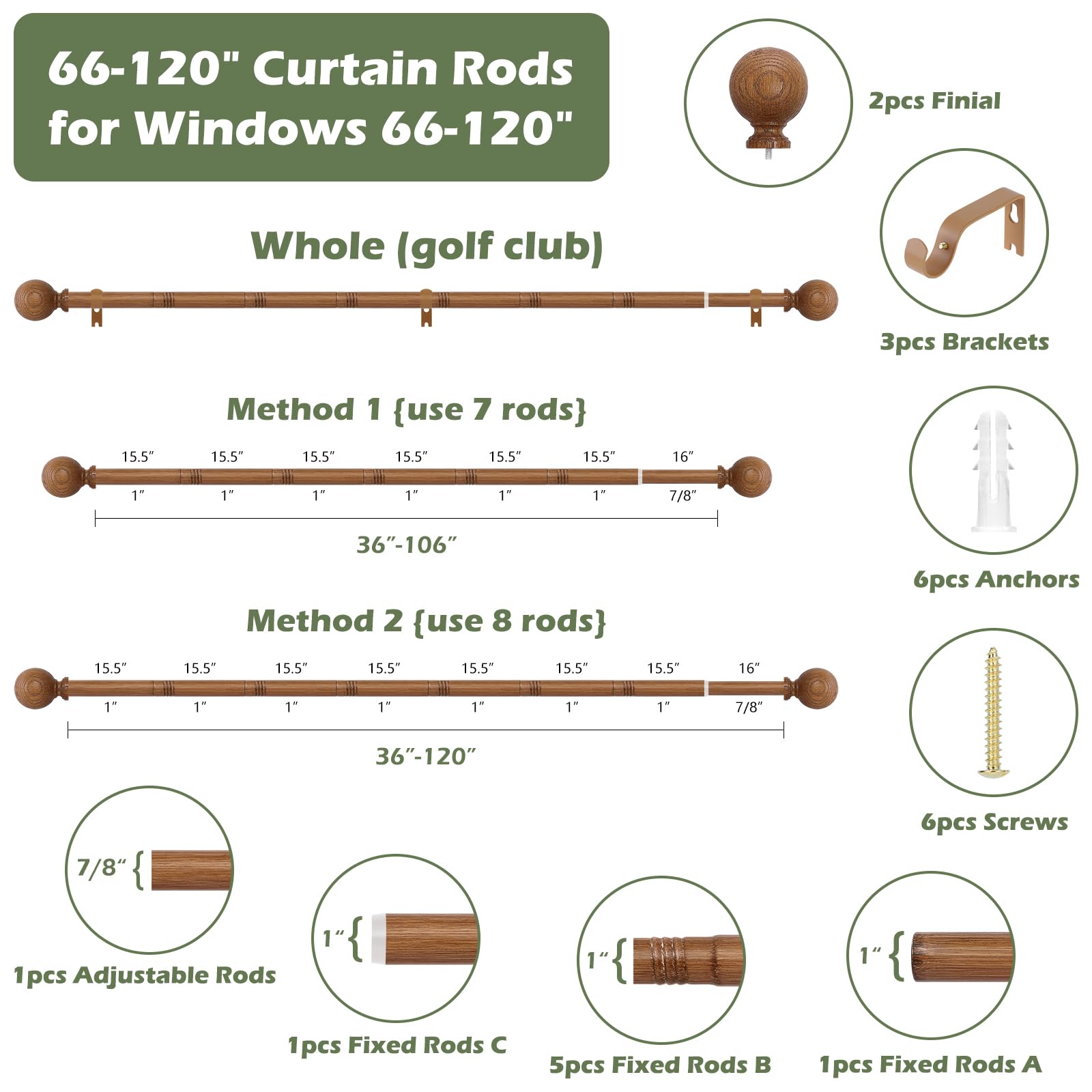 HTZON HTZON Adjustable Wood Curtain Rods 66 to 120 Inch Heavy Duty Rustic Brown Drapery Rods for Boho Farmhouse Windows - View 7 of 9