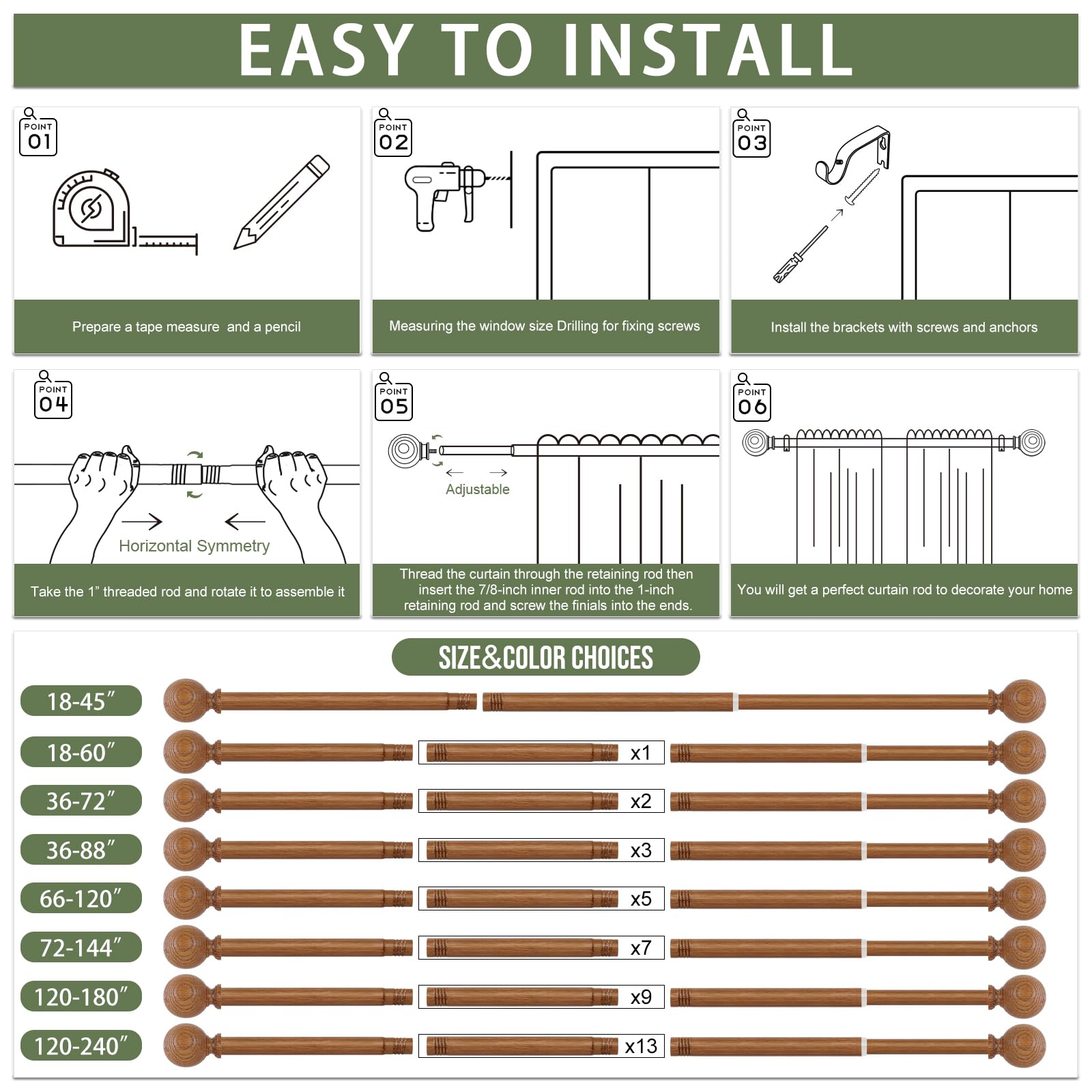 HTZON HTZON Adjustable Wood Curtain Rods 66 to 120 Inch Heavy Duty Rustic Brown Drapery Rods for Boho Farmhouse Windows - View 8 of 9
