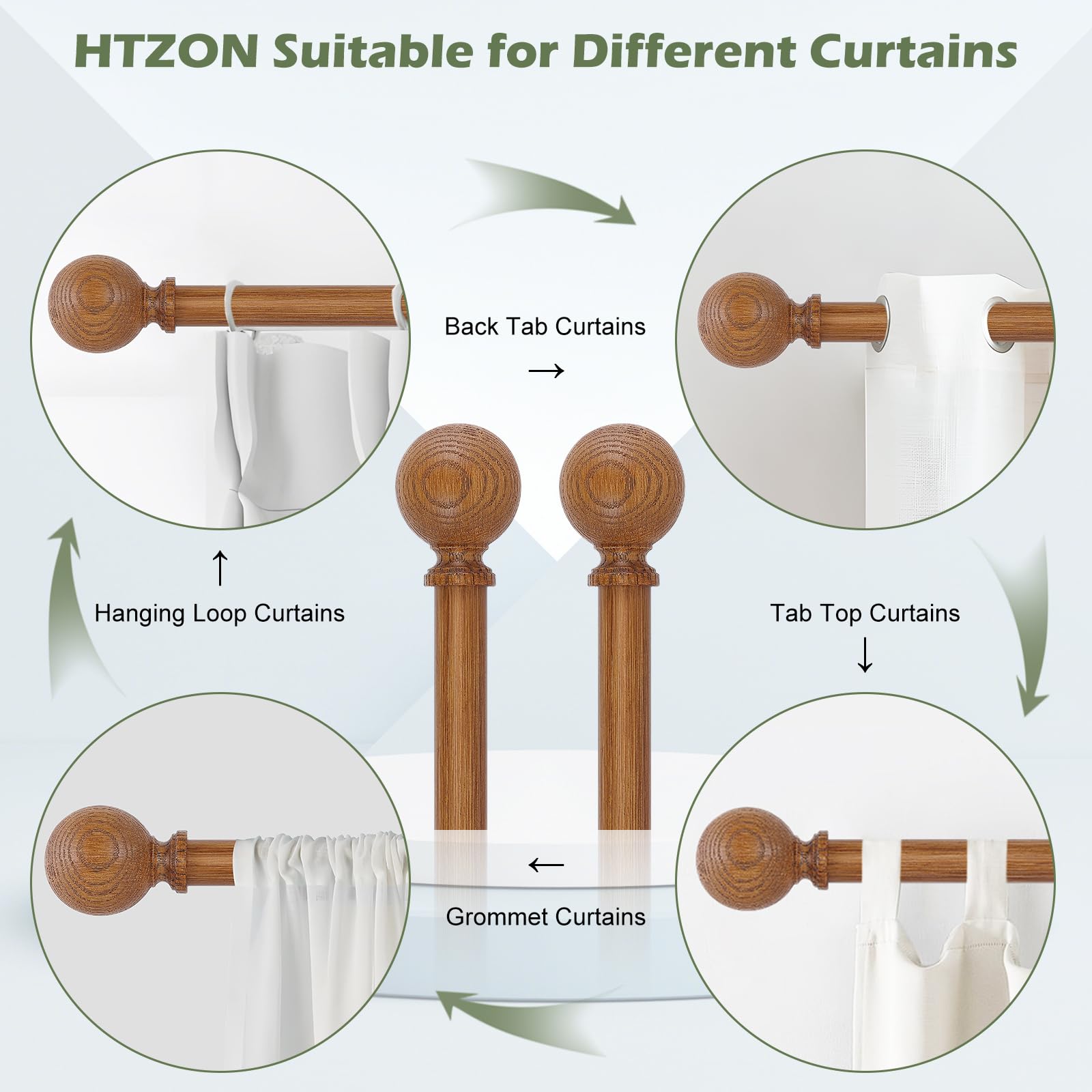 HTZON HTZON Adjustable Wood Curtain Rods 66 to 120 Inch Heavy Duty Rustic Brown Drapery Rods for Boho Farmhouse Windows - View 9 of 9