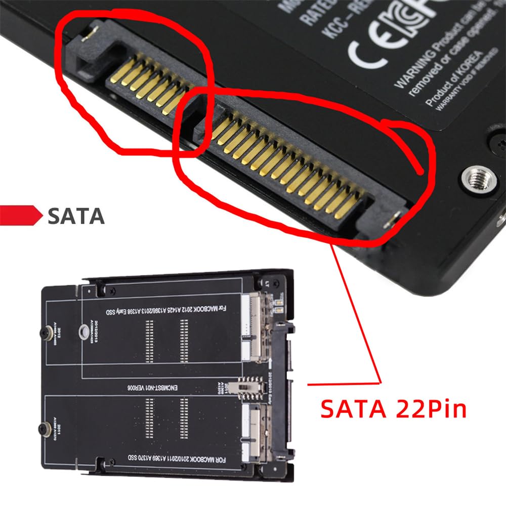 cablecc Cablecc 22Pin SATA to Mac Air Pro Retina SSD Enclosure for 2010 2011 2012 Models A1425 A1398 MC975 MC976 2.5inch 12+6Pin 17+7Pin - View 5 of 9