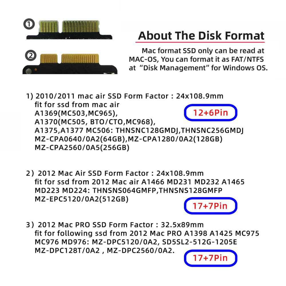 cablecc Cablecc 22Pin SATA to Mac Air Pro Retina SSD Enclosure for 2010 2011 2012 Models A1425 A1398 MC975 MC976 2.5inch 12+6Pin 17+7Pin - View 7 of 9