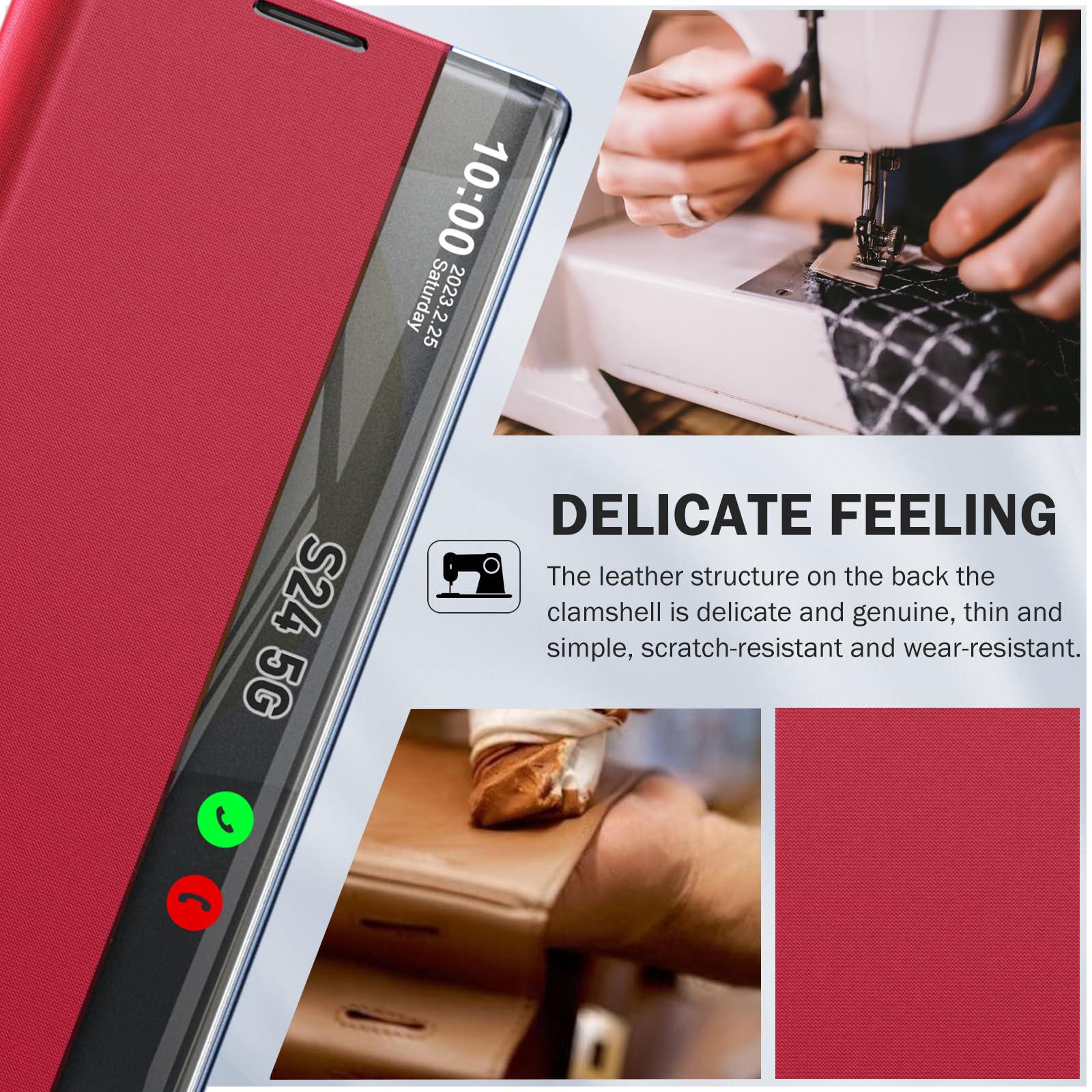 Qissy Luxury Slim Mirror Phone Case for Samsung Galaxy S24 with Kickstand Clear View Window Shockproof Protective Cover Red - View 3 of 7