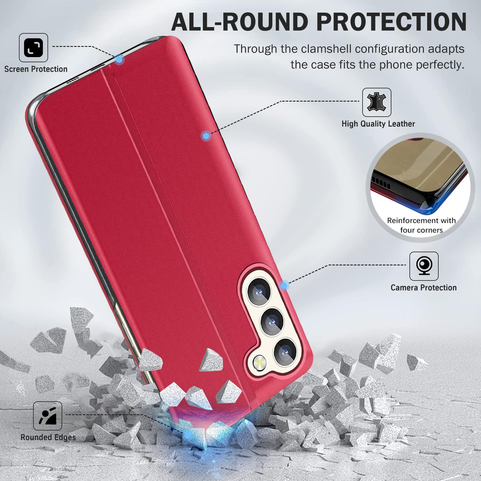 Qissy Luxury Slim Mirror Phone Case for Samsung Galaxy S24 with Kickstand Clear View Window Shockproof Protective Cover Red - View 4 of 7