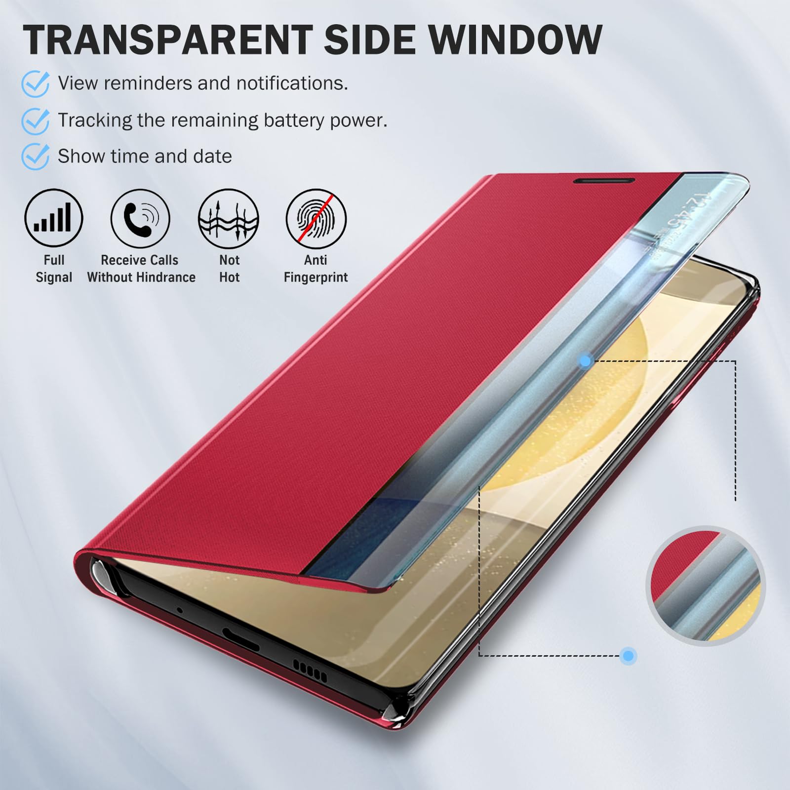 Qissy Luxury Slim Mirror Phone Case for Samsung Galaxy S24 with Kickstand Clear View Window Shockproof Protective Cover Red - View 5 of 7