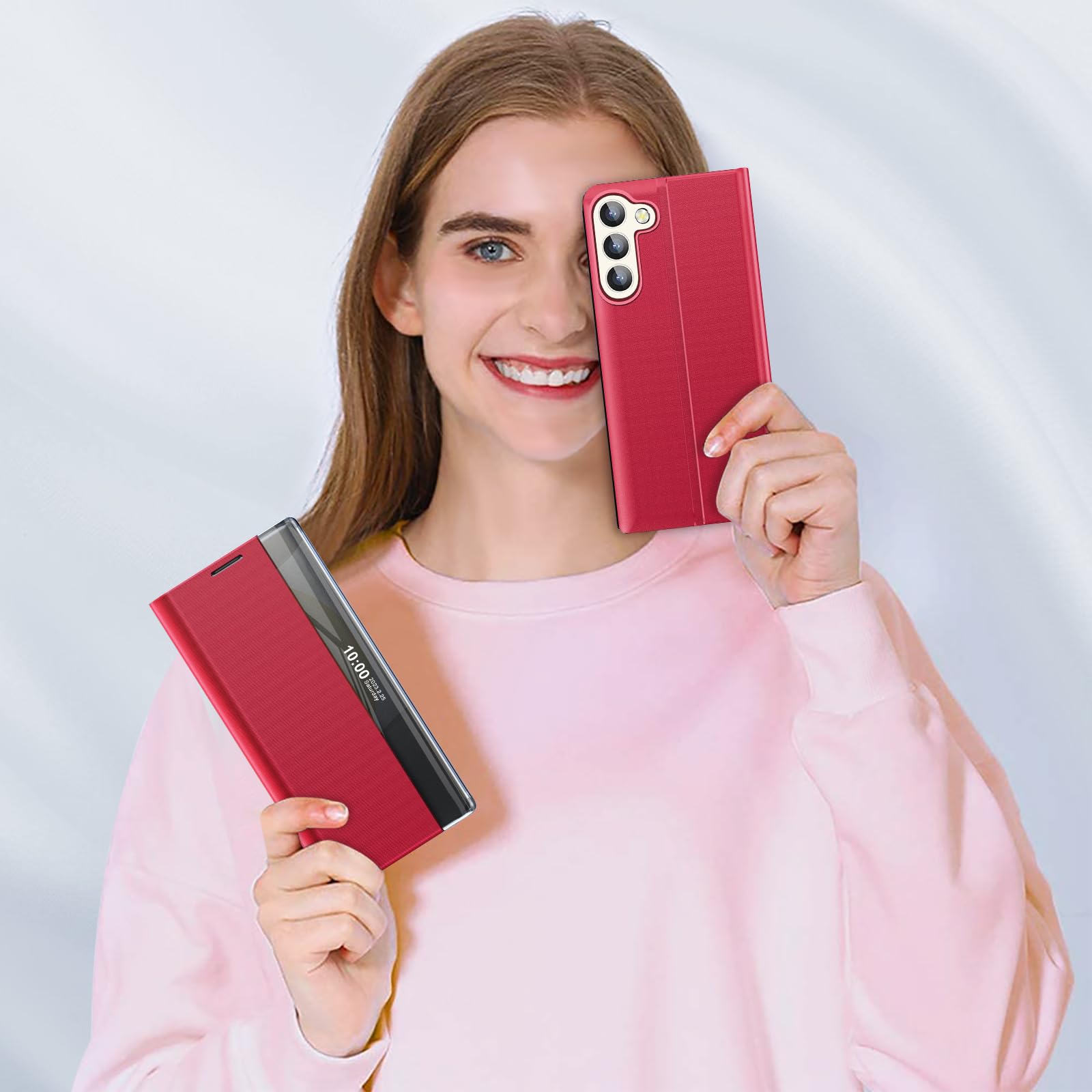 Qissy Luxury Slim Mirror Phone Case for Samsung Galaxy S24 with Kickstand Clear View Window Shockproof Protective Cover Red - View 7 of 7