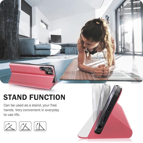 Qissy Qissy Samsung Galaxy S24 Ultra Phone Case Smart Clear View Luxury Mirror Kickstand Leather Hard PC Flip Shockproof Protective Cover Pink - View 4 of 9