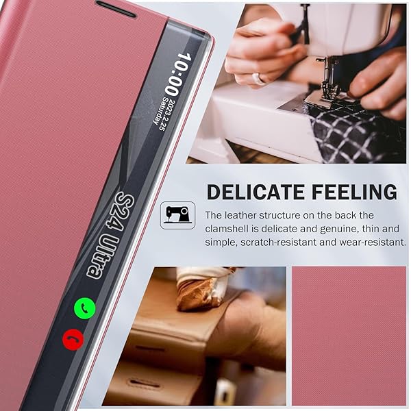 Qissy Qissy Samsung Galaxy S24 Ultra Phone Case Smart Clear View Luxury Mirror Kickstand Leather Hard PC Flip Shockproof Protective Cover Pink - View 5 of 9