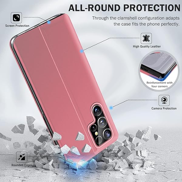 Qissy Qissy Samsung Galaxy S24 Ultra Phone Case Smart Clear View Luxury Mirror Kickstand Leather Hard PC Flip Shockproof Protective Cover Pink - View 6 of 9