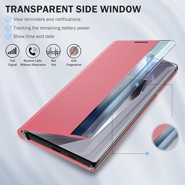 Qissy Qissy Samsung Galaxy S24 Ultra Phone Case Smart Clear View Luxury Mirror Kickstand Leather Hard PC Flip Shockproof Protective Cover Pink - View 7 of 9