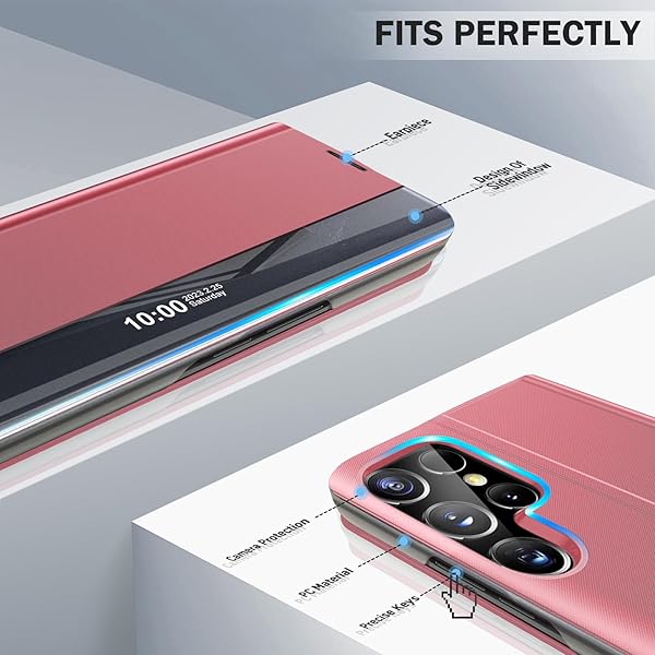 Qissy Qissy Samsung Galaxy S24 Ultra Phone Case Smart Clear View Luxury Mirror Kickstand Leather Hard PC Flip Shockproof Protective Cover Pink - View 8 of 9