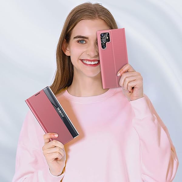 Qissy Qissy Samsung Galaxy S24 Ultra Phone Case Smart Clear View Luxury Mirror Kickstand Leather Hard PC Flip Shockproof Protective Cover Pink - View 9 of 9