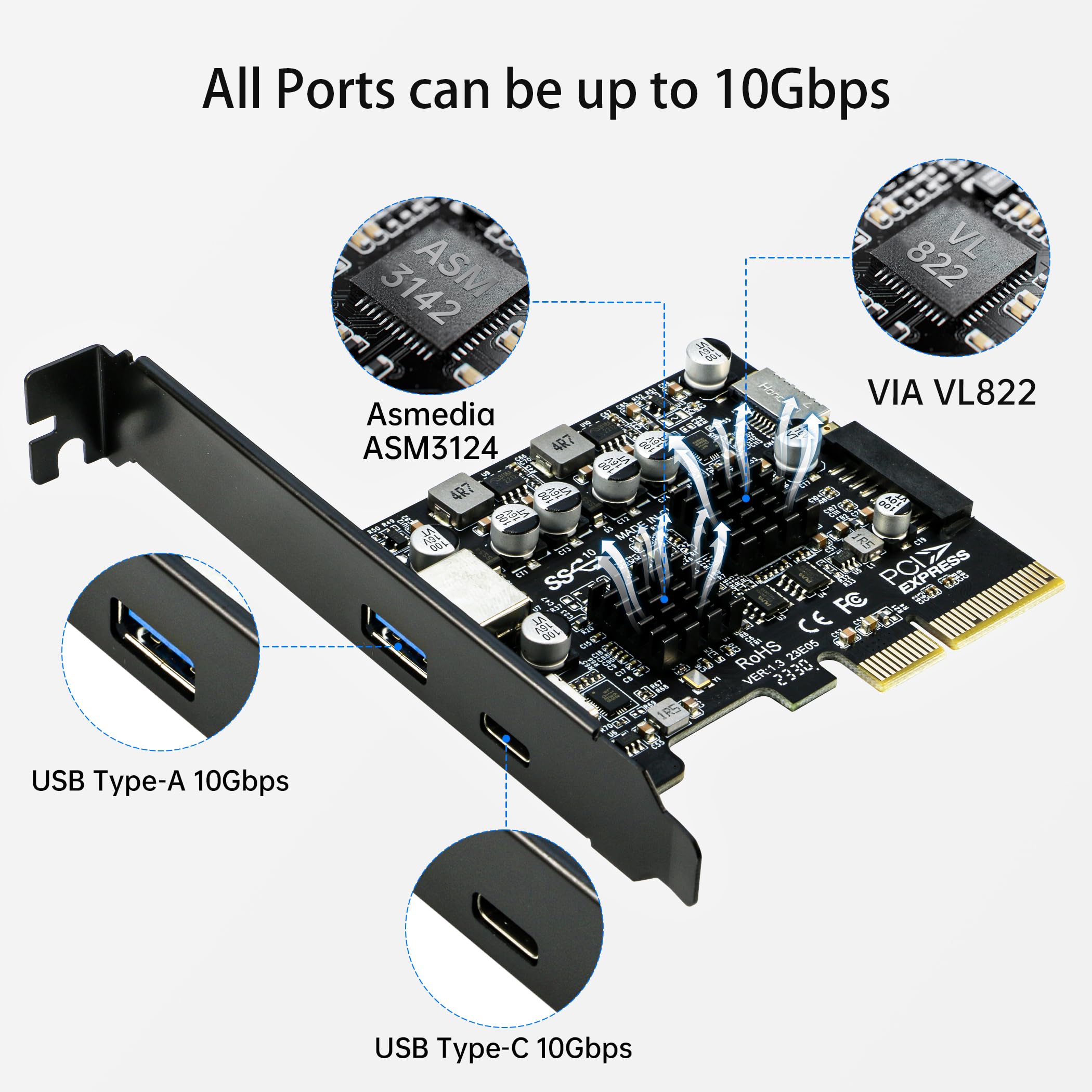 RIITOP RIITOP USB 3.1 PCIe Card Adapter 10Gbps Expands 20Pin Type E USB 3.0 and USB C for Fast Data Transfer - View 2 of 7