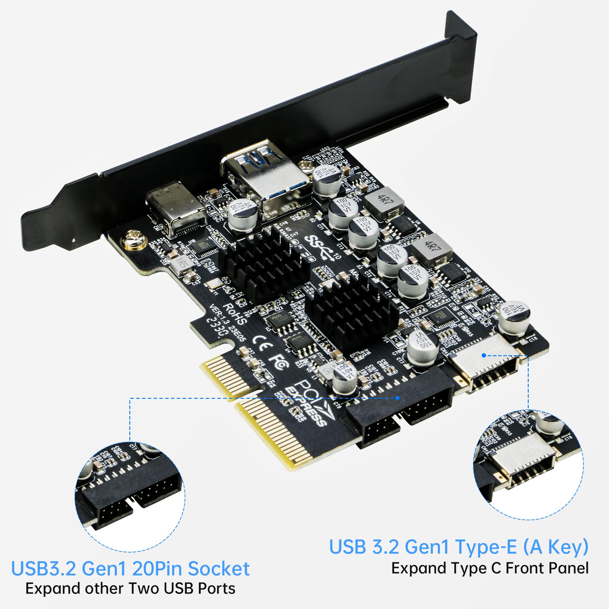RIITOP RIITOP USB 3.1 PCIe Card Adapter 10Gbps Expands 20Pin Type E USB 3.0 and USB C for Fast Data Transfer - View 4 of 7