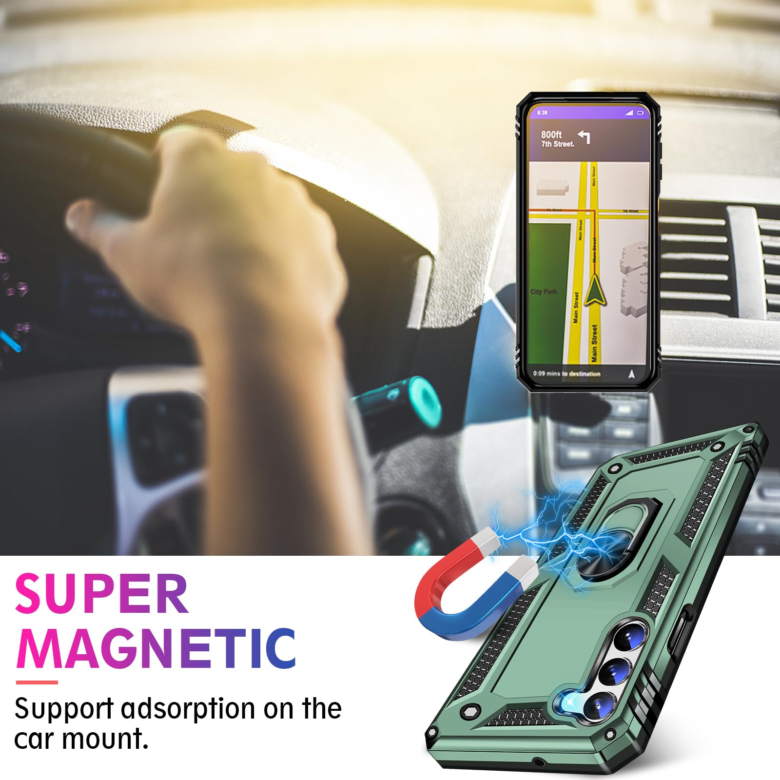 Vaki Samsung Galaxy S24 S25 Case with Screen Protector Military Grade Rugged Shockproof Heavy Duty Protective Cover with Magnetic Ring Kickstand Green - View 4 of 7