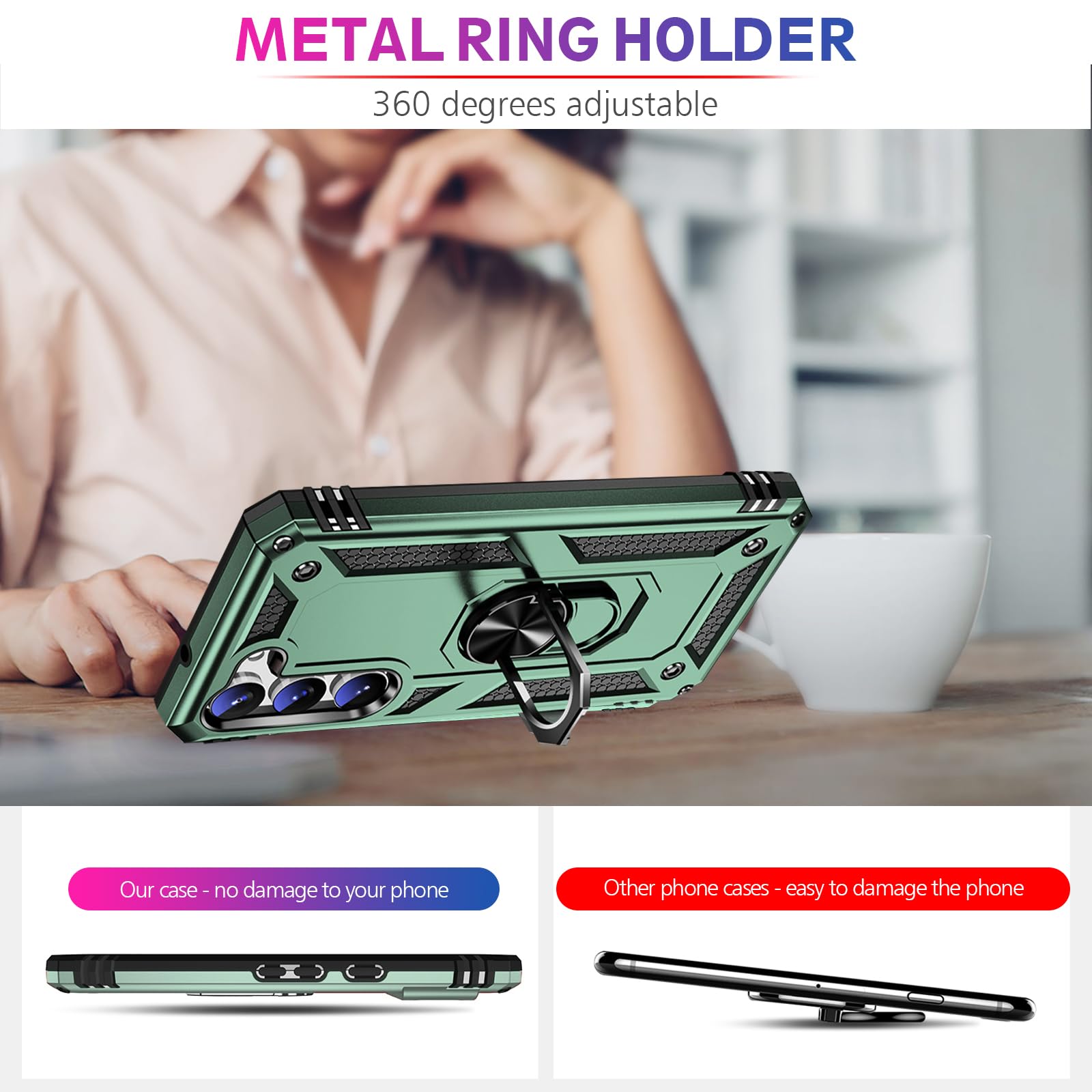 Vaki Samsung Galaxy S24 S25 Case with Screen Protector Military Grade Rugged Shockproof Heavy Duty Protective Cover with Magnetic Ring Kickstand Green - View 5 of 7