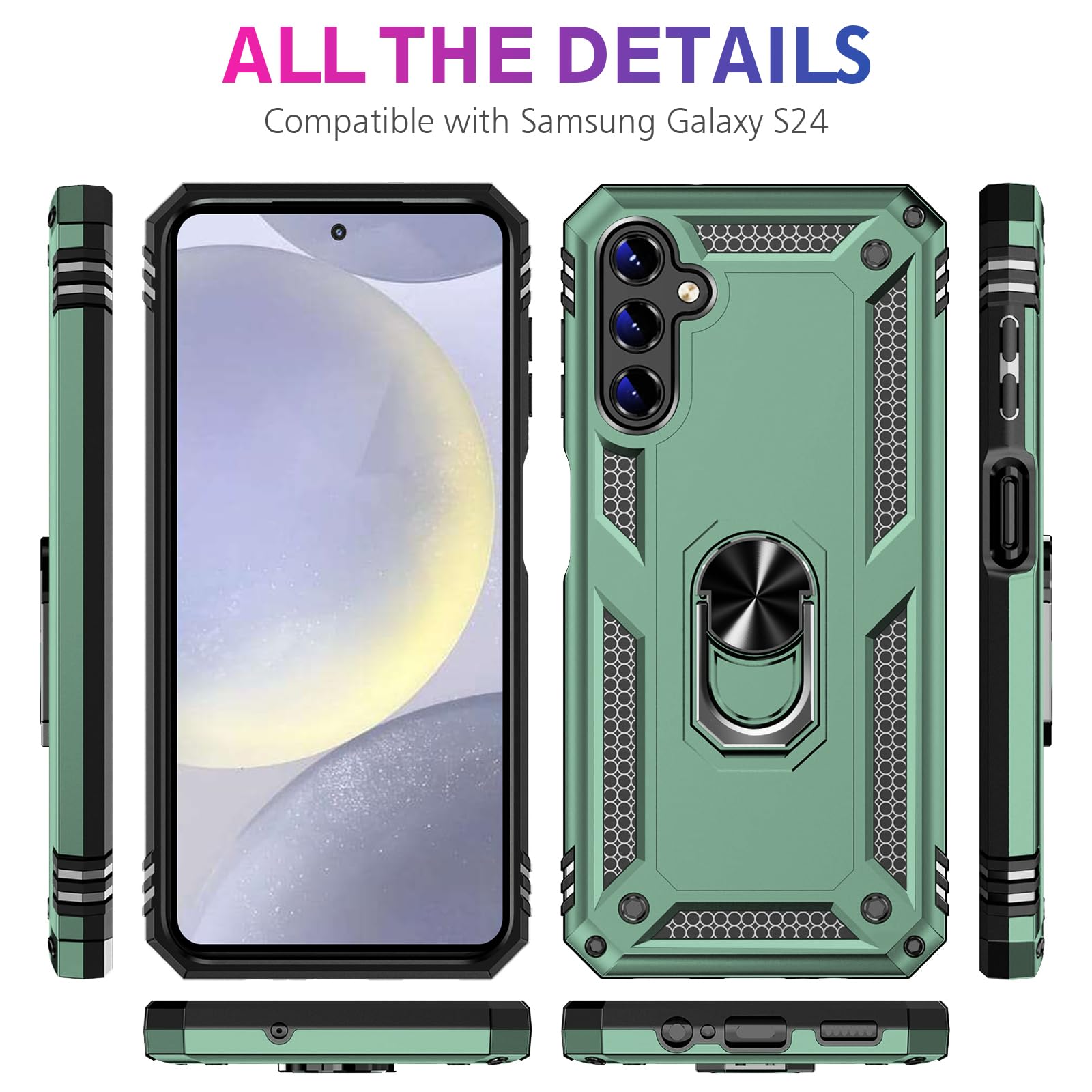 Vaki Samsung Galaxy S24 S25 Case with Screen Protector Military Grade Rugged Shockproof Heavy Duty Protective Cover with Magnetic Ring Kickstand Green - View 7 of 7