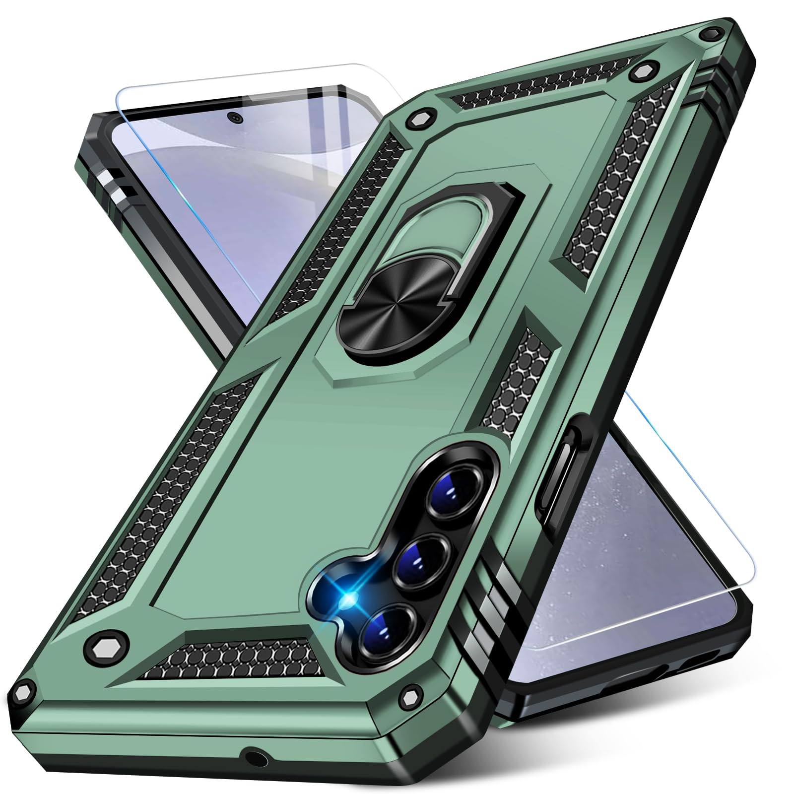 Vaki Samsung Galaxy S24 S25 Case with Screen Protector Military Grade Rugged Shockproof Heavy Duty Protective Cover with Magnetic Ring Kickstand Green