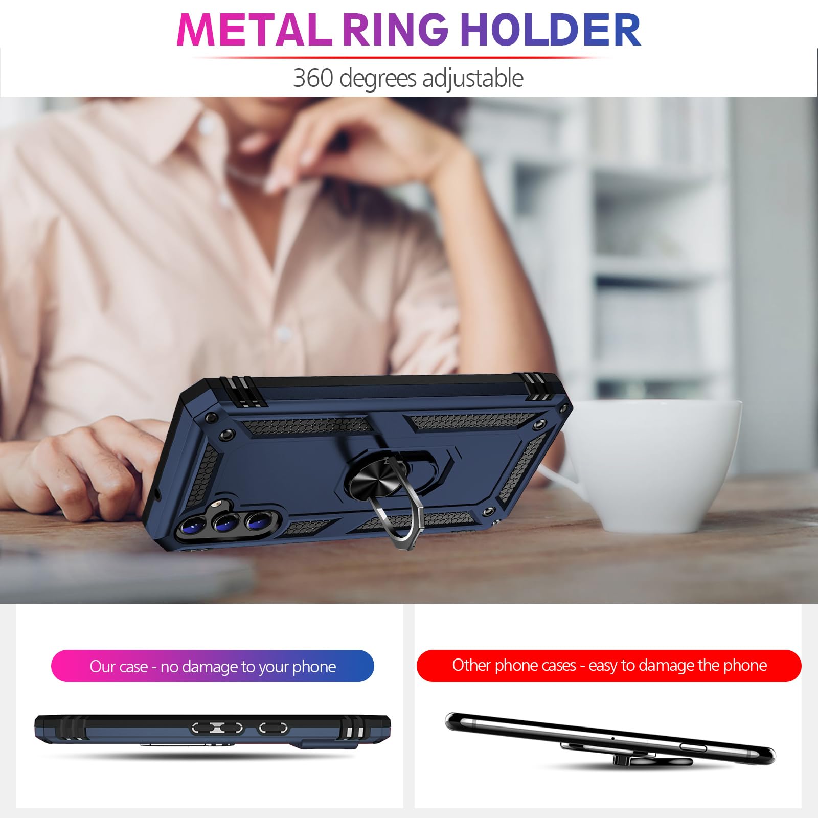 Vaki Samsung Galaxy S24 S25 Case with Screen Protector Military Grade Rugged Shockproof Heavy Duty Protective Cover with Magnetic Ring Kickstand Blue - View 5 of 7