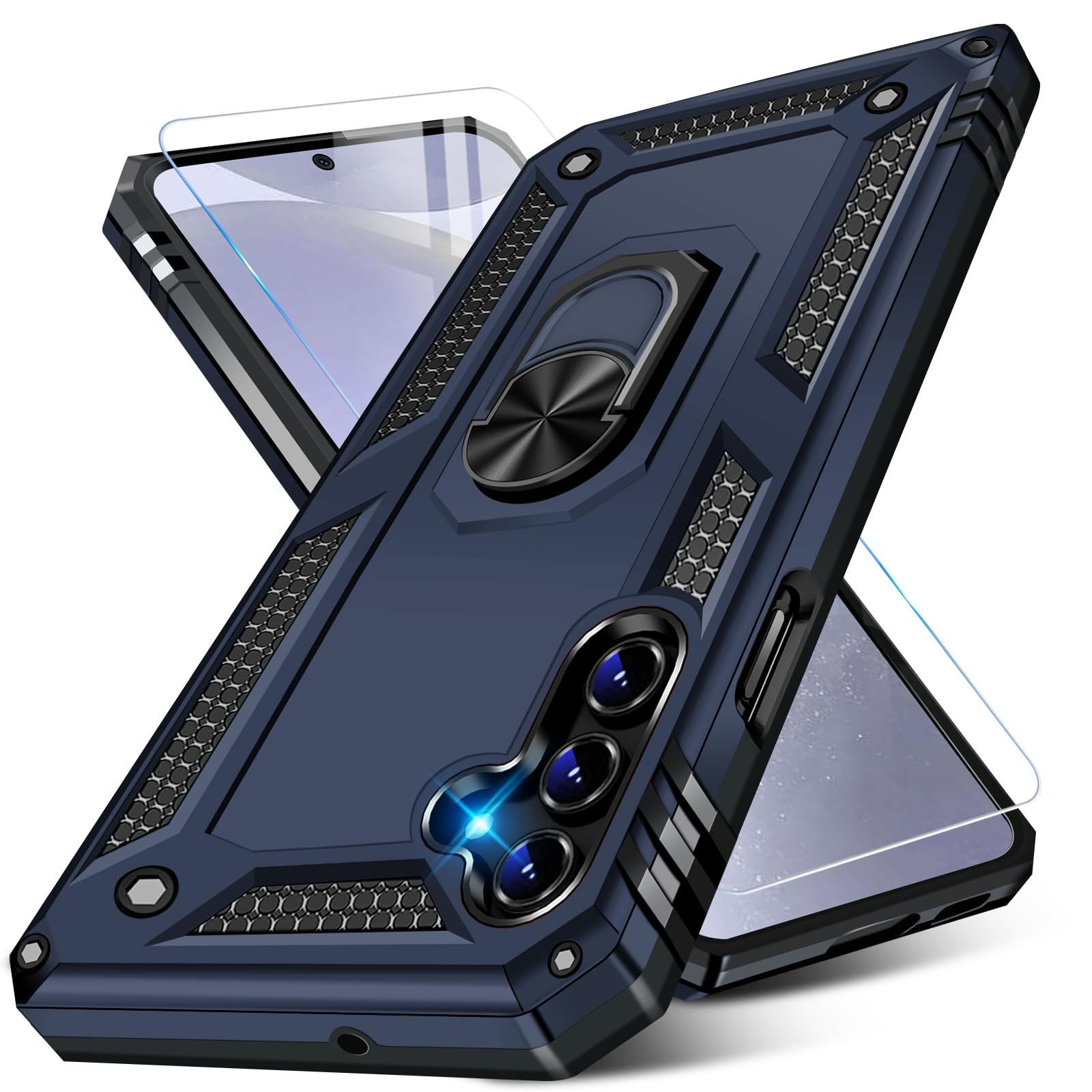 Vaki Samsung Galaxy S24 S25 Case with Screen Protector Military Grade Rugged Shockproof Heavy Duty Protective Cover with Magnetic Ring Kickstand Blue