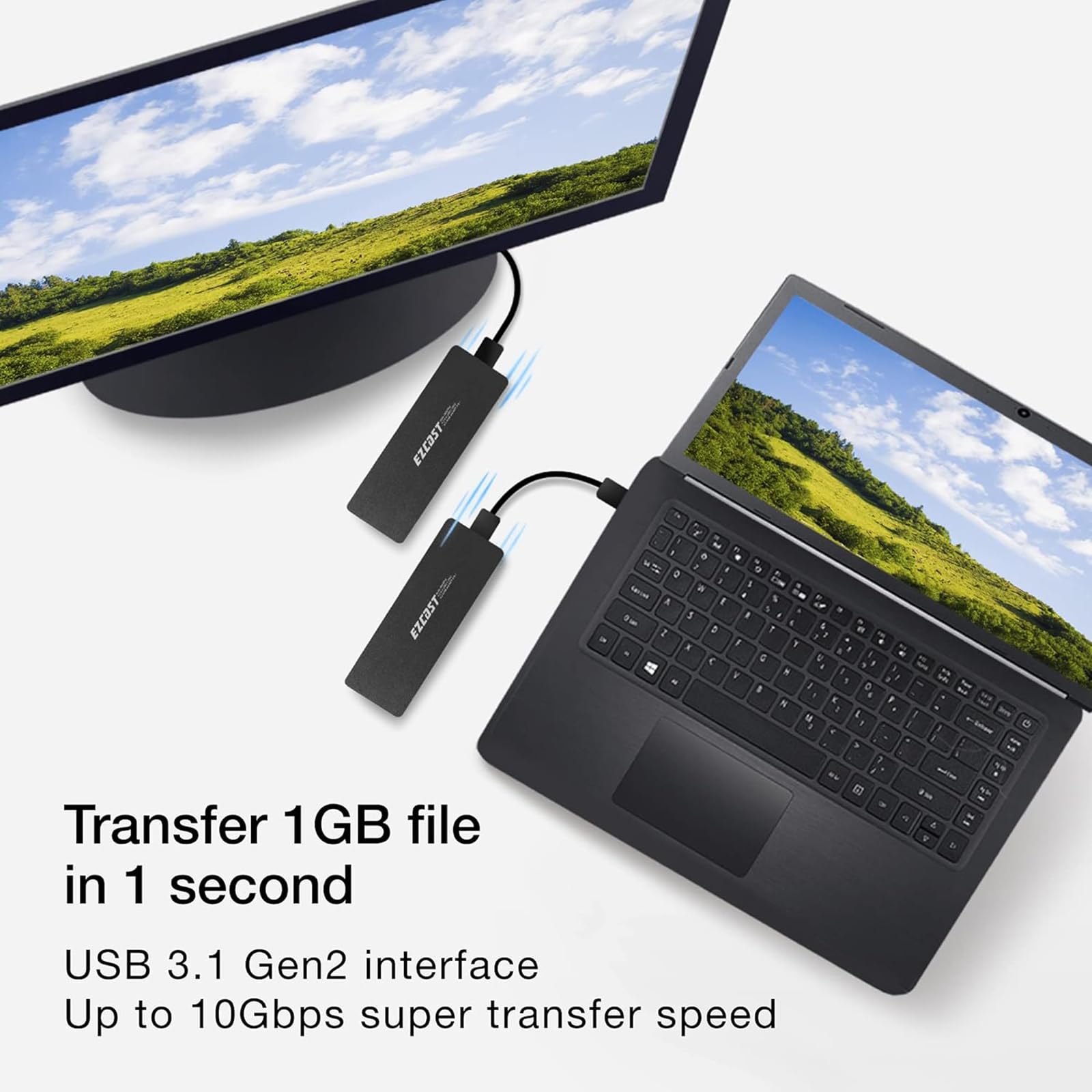 GloryKylin M2 NVME SATA SSD Enclosure USB C 3.1 Gen 2 10 Gbps Supports M and B M Keys 2280 2230 2242 2260 SSDs - View 2 of 7