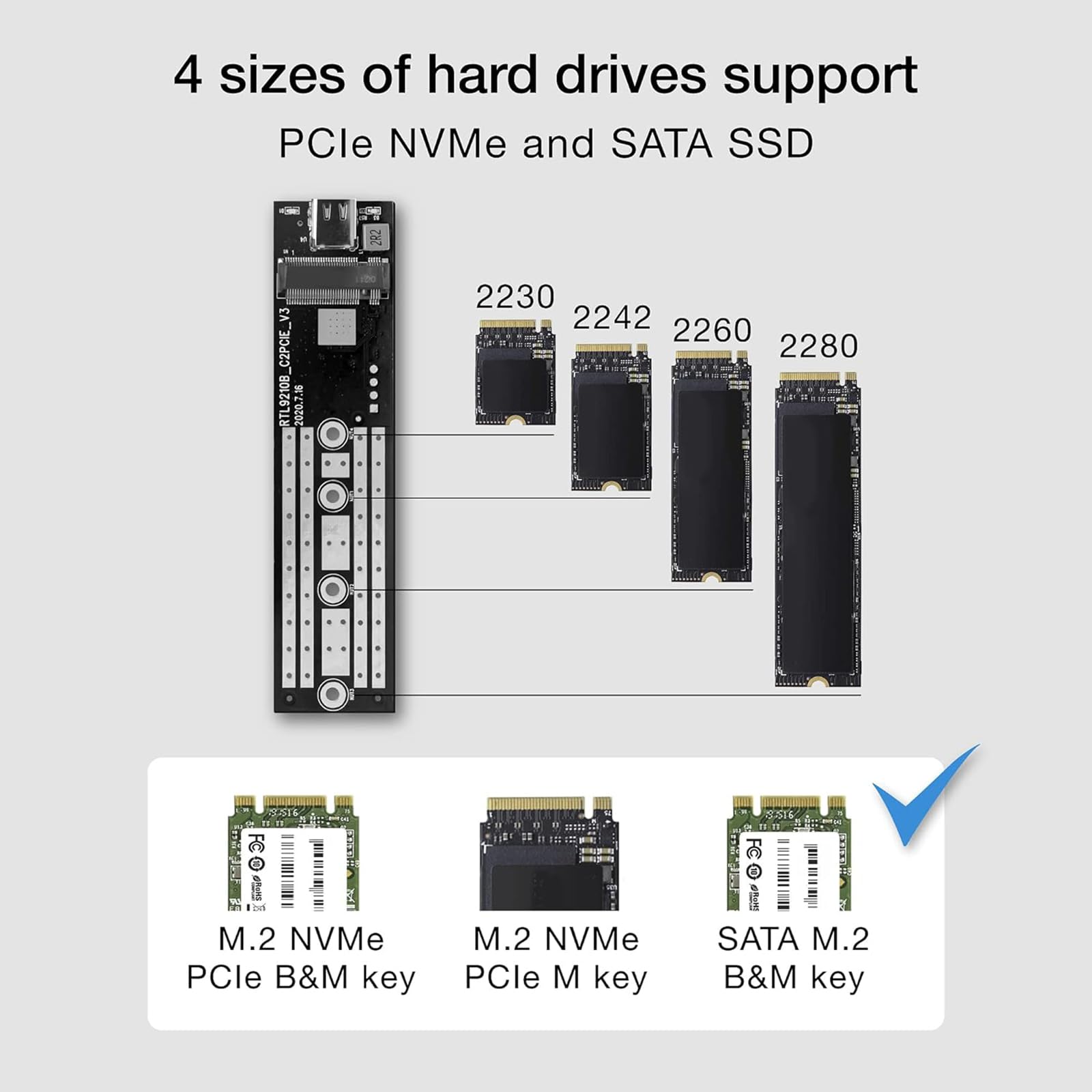 GloryKylin M2 NVME SATA SSD Enclosure USB C 3.1 Gen 2 10 Gbps Supports M and B M Keys 2280 2230 2242 2260 SSDs - View 3 of 7