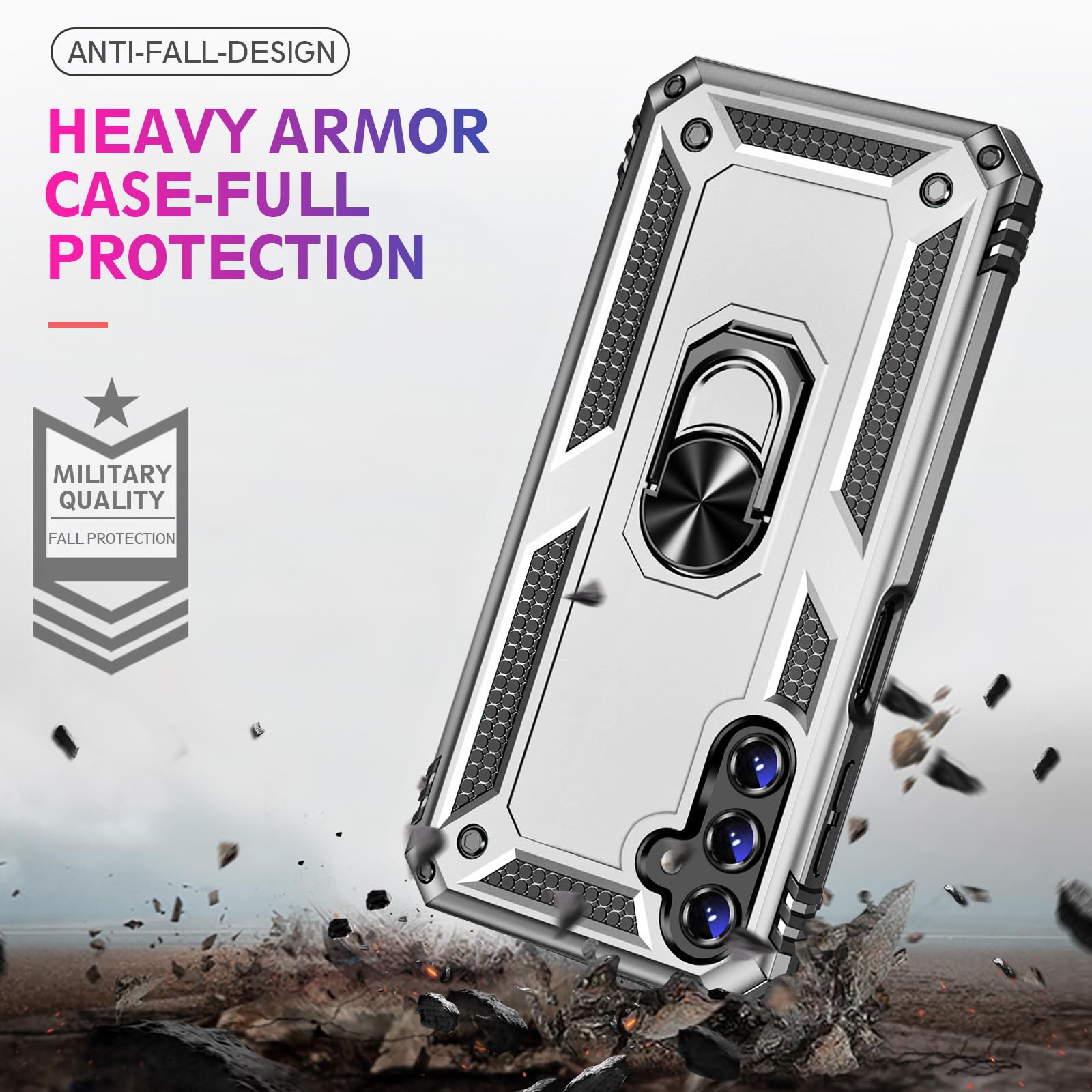 Vaki Samsung Galaxy S24 S25 Case with Screen Protector Military Grade Rugged Shockproof Heavy Duty Protective Cover with Magnetic Ring Kickstand Silver - View 2 of 7
