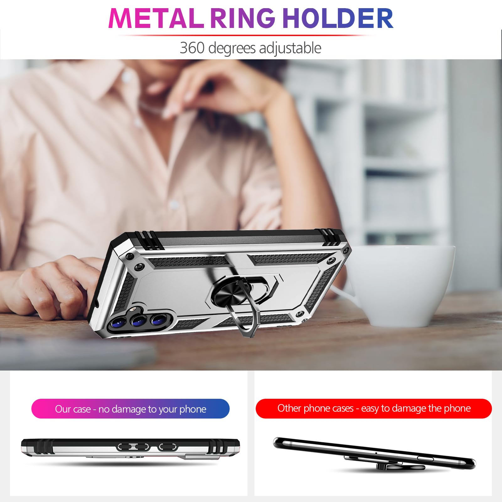 Vaki Samsung Galaxy S24 S25 Case with Screen Protector Military Grade Rugged Shockproof Heavy Duty Protective Cover with Magnetic Ring Kickstand Silver - View 5 of 7