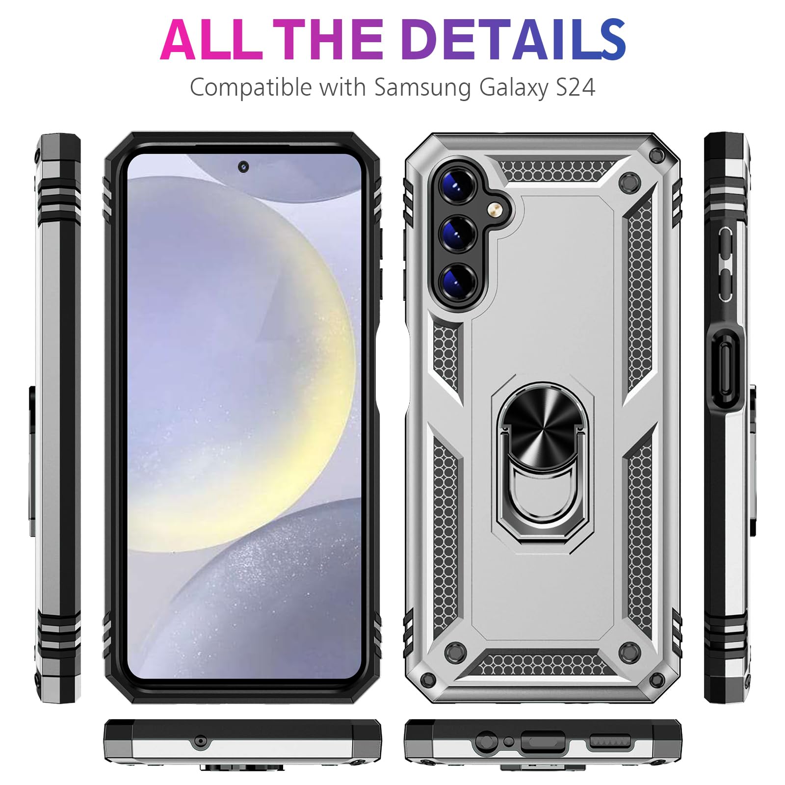 Vaki Samsung Galaxy S24 S25 Case with Screen Protector Military Grade Rugged Shockproof Heavy Duty Protective Cover with Magnetic Ring Kickstand Silver - View 7 of 7