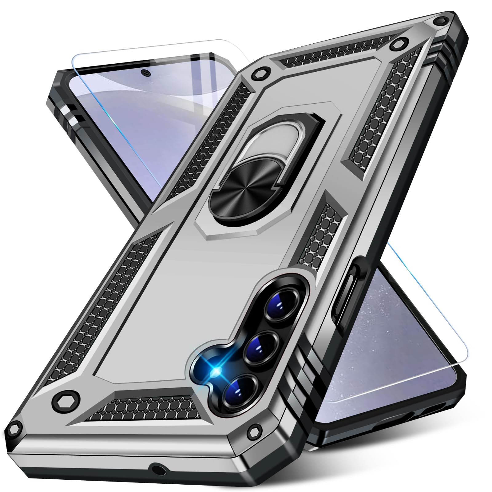 Vaki Samsung Galaxy S24 S25 Case with Screen Protector Military Grade Rugged Shockproof Heavy Duty Protective Cover with Magnetic Ring Kickstand Silver