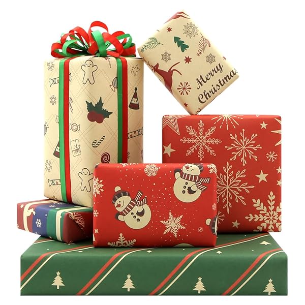 Boerni Boerni Kraft Christmas Wrapping Paper 6 Designs 20x28 inches 6 Sheets Perfect for Birthdays and Holidays
