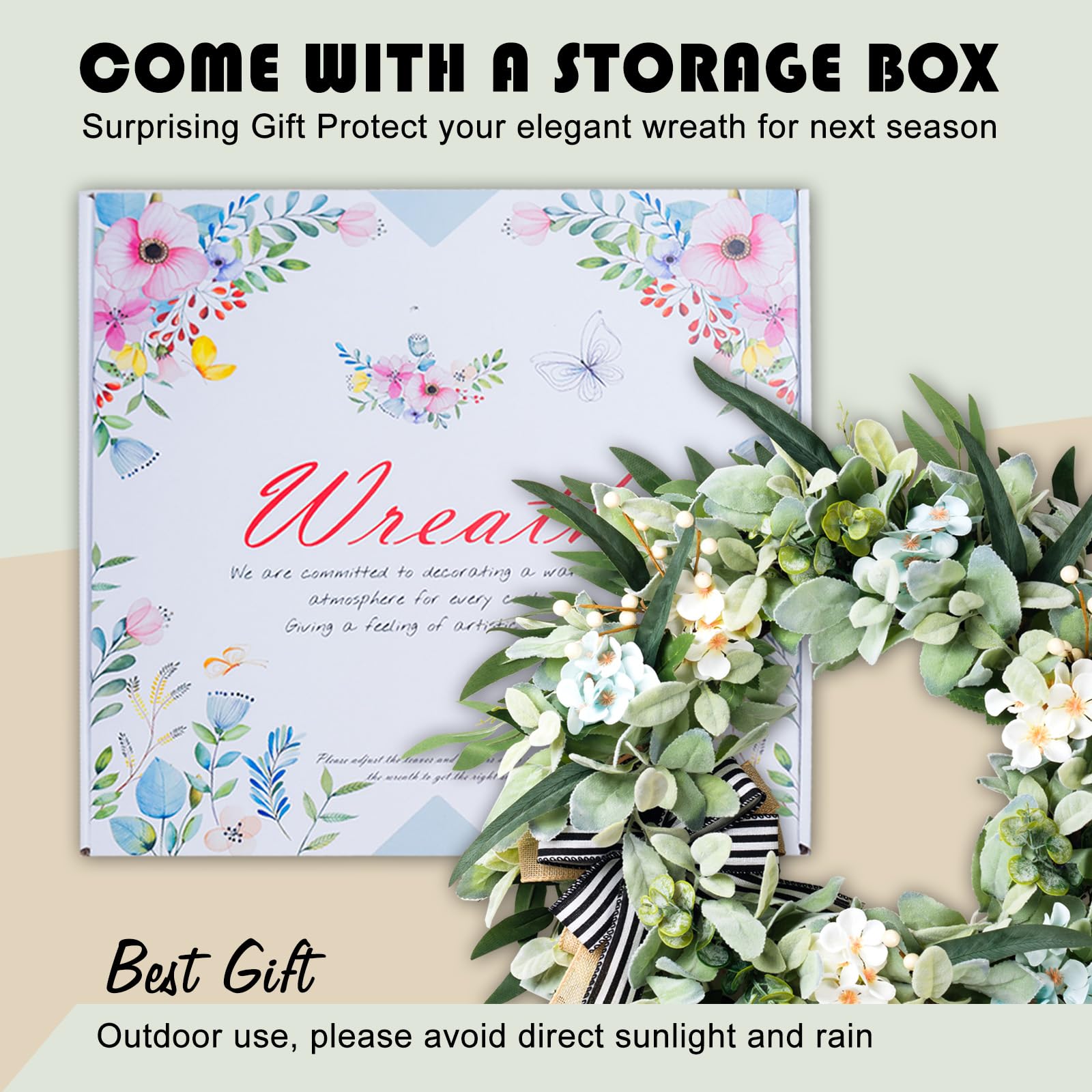 WREATHOME WREATHOME 20 Inch Lambs Ear Wreath for Front Door Year Round Green Artificial Decor for Spring Summer Farmhouse Indoor Outdoor - View 2 of 7