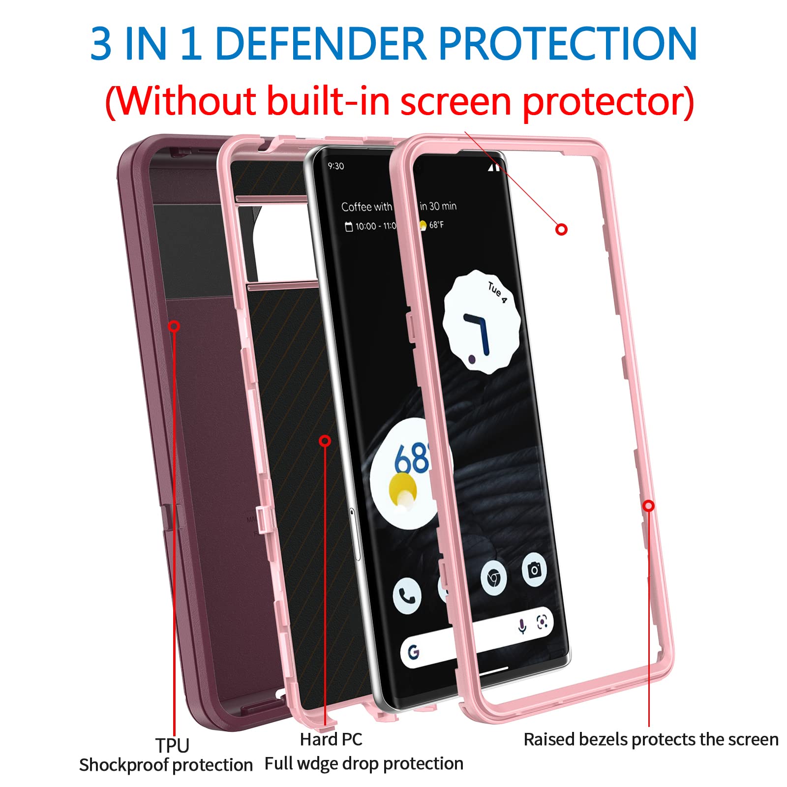 Anloes Anloes Heavy Duty Shockproof Case for Google Pixel 8 Pro 5G Rugged Defender 3 in 1 Bumper Cover Purple - View 3 of 6