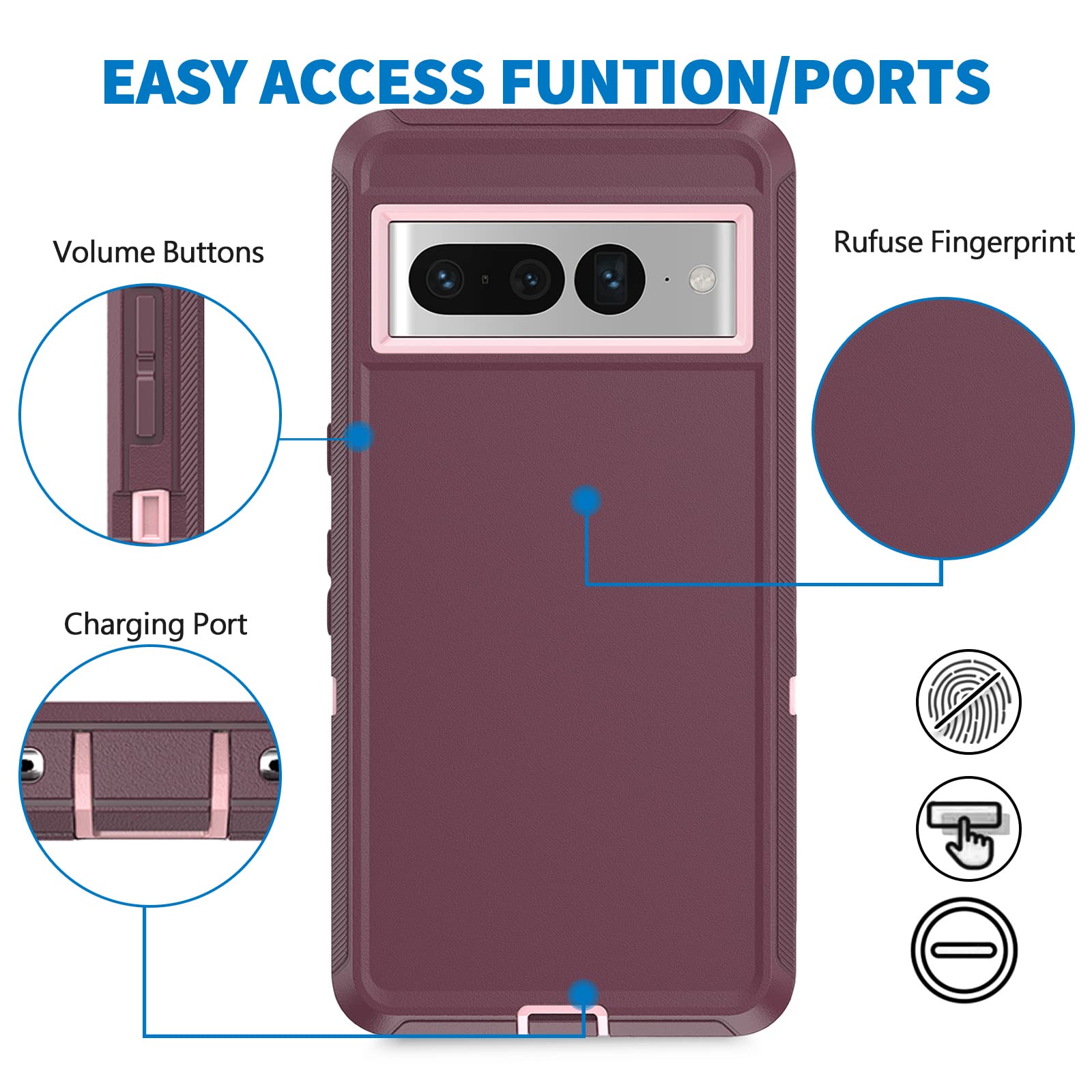Anloes Anloes Heavy Duty Shockproof Case for Google Pixel 8 Pro 5G Rugged Defender 3 in 1 Bumper Cover Purple - View 5 of 6