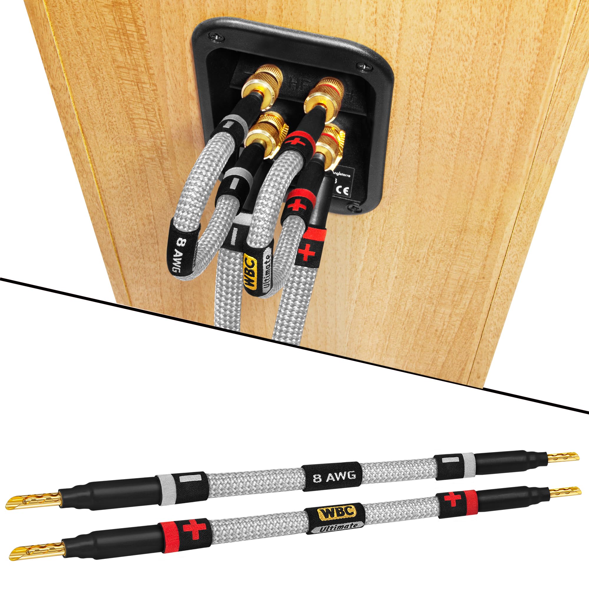 WORLDS BEST CABLES Worlds Best Cables 4 Units 6 Inch 8 AWG Ultra Pure OFC Premium Audiophile HiFi Speaker Jumper Cables with Gold Banana Plugs Silver Tweed Jacket - View 7 of 7