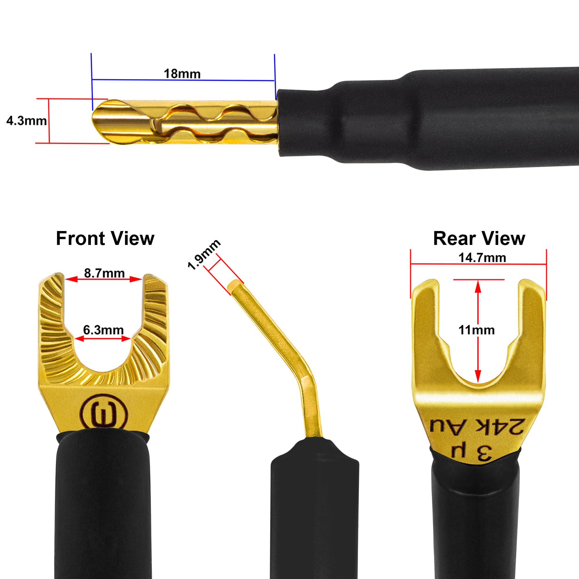 WORLDS BEST CABLES Worlds Best Cables 4 Units 6 Inch 8 AWG Ultra Pure OFC Premium Audiophile HiFi Speaker Jumper Cables with Gold Banana Spade Plugs - View 5 of 7