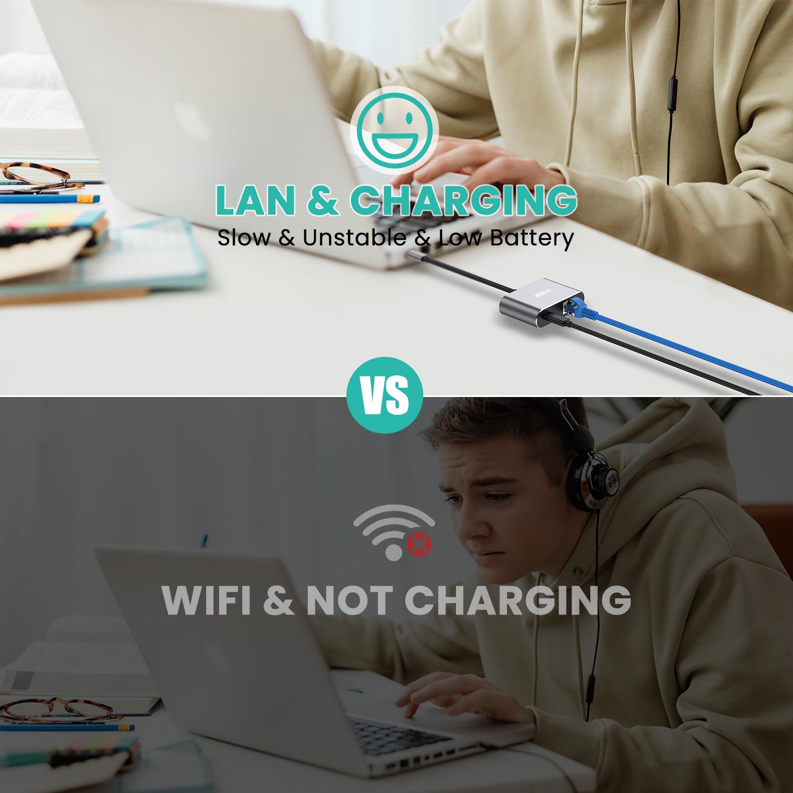 HRSDEIE USB C Gigabit Ethernet Adapter 60W Charging 1000 Mbps Ethernet to Type C Thunderbolt 3 RJ45 LAN Network Adapter for MacBook Pro iPad Air Dell - View 5 of 7