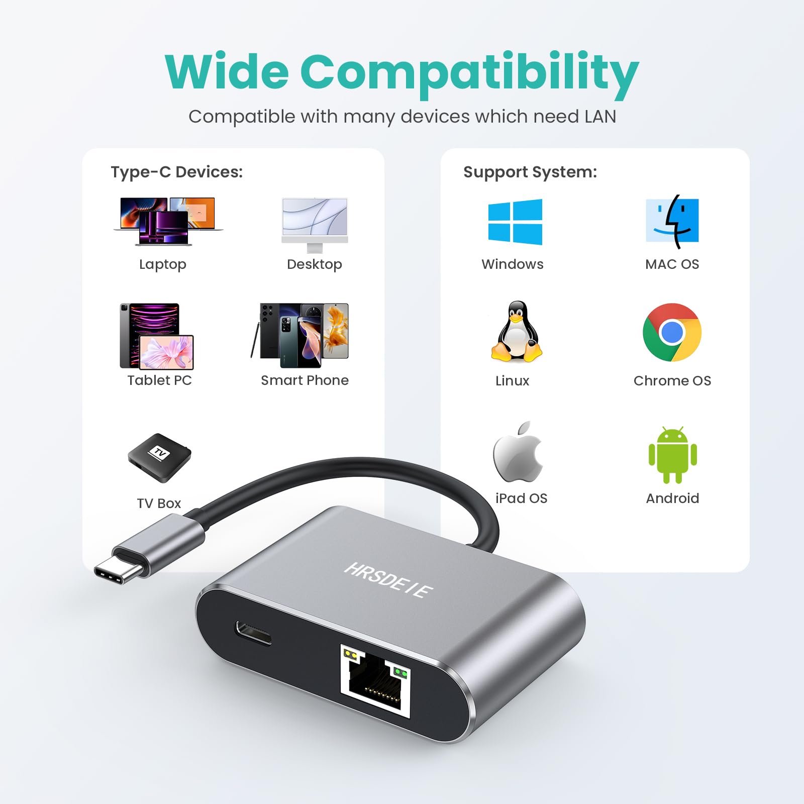 HRSDEIE USB C Gigabit Ethernet Adapter 60W Charging 1000 Mbps Ethernet to Type C Thunderbolt 3 RJ45 LAN Network Adapter for MacBook Pro iPad Air Dell - View 6 of 7