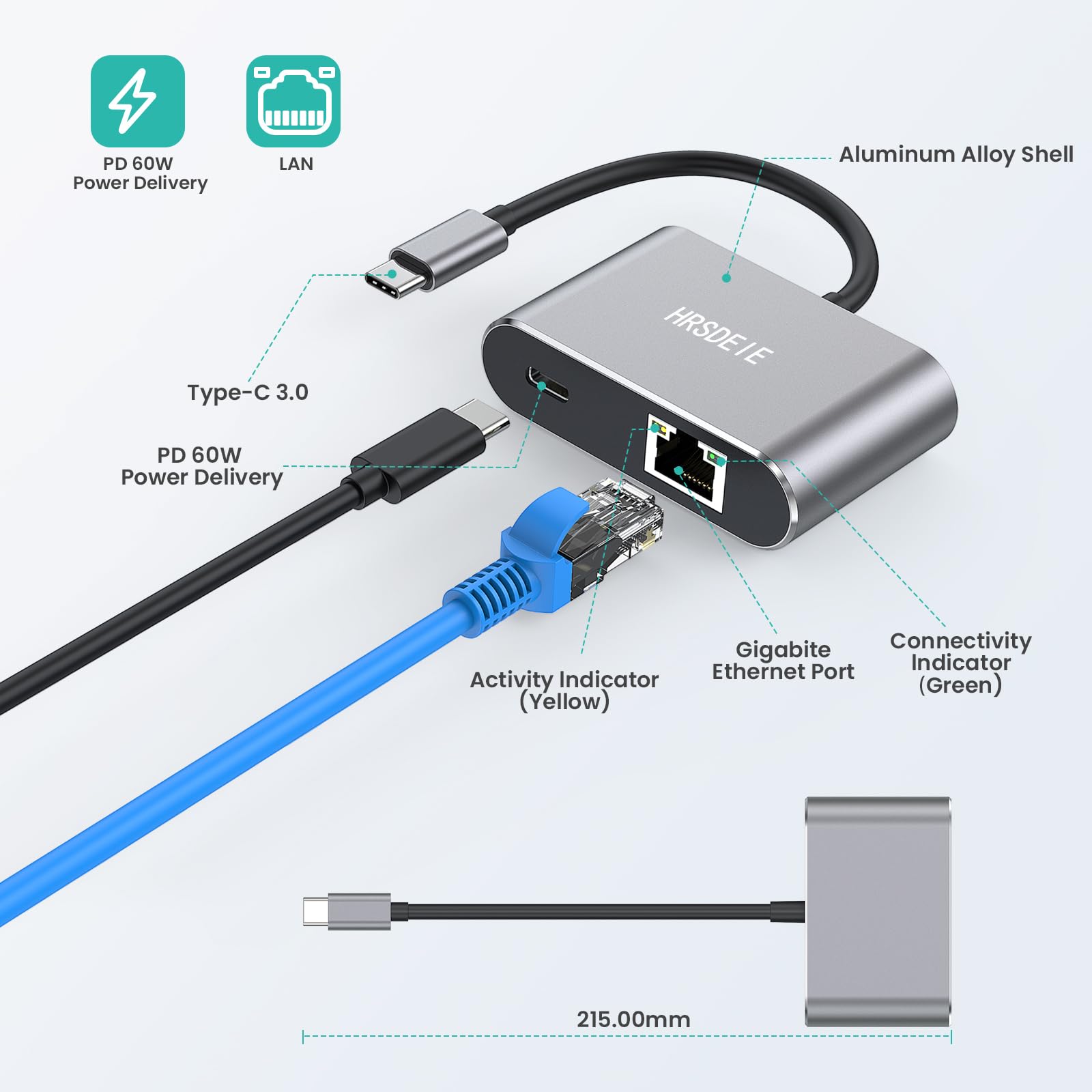 HRSDEIE USB C Gigabit Ethernet Adapter 60W Charging 1000 Mbps Ethernet to Type C Thunderbolt 3 RJ45 LAN Network Adapter for MacBook Pro iPad Air Dell - View 7 of 7