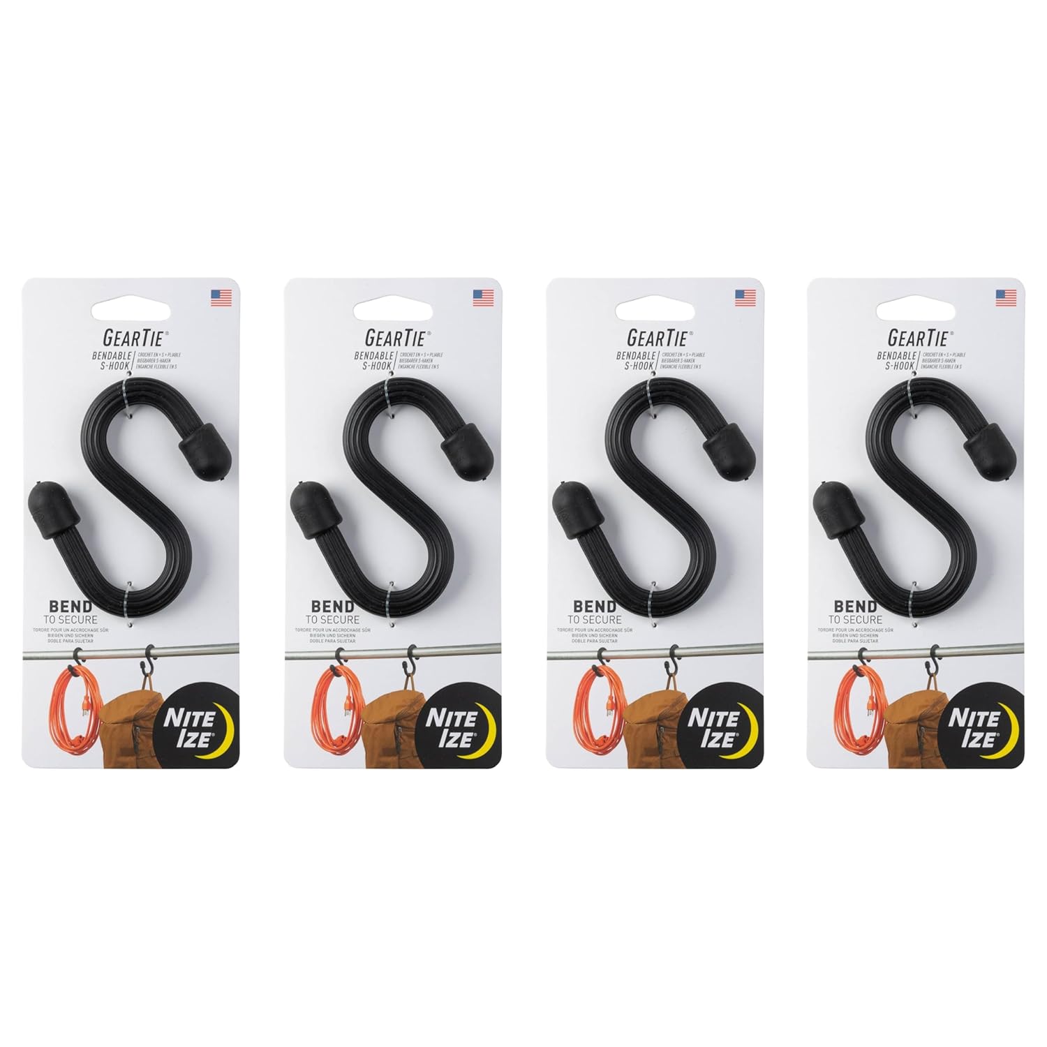 Nite Ize Nite Ize Gear Tie Bendable S-Hook Utility Hook for Hanging Strong Rubber Hook for Closets Garages and More Black 4 Pack