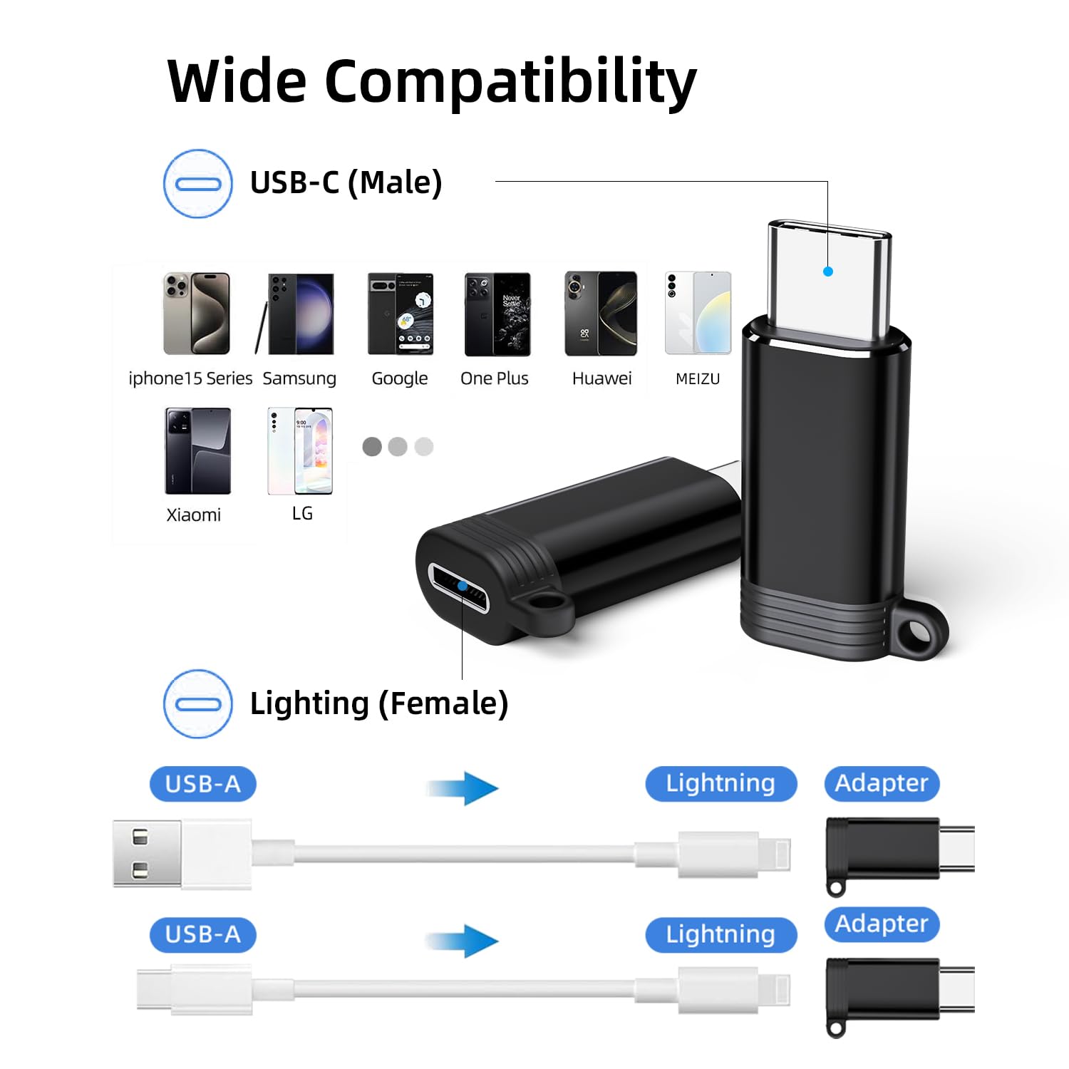 UWOXX 2 Pack USB C to Lightning Adapter for iPhone 16 15 iPad Pro Type C Devices Fast Charging and Data Transfer Connector - View 3 of 7