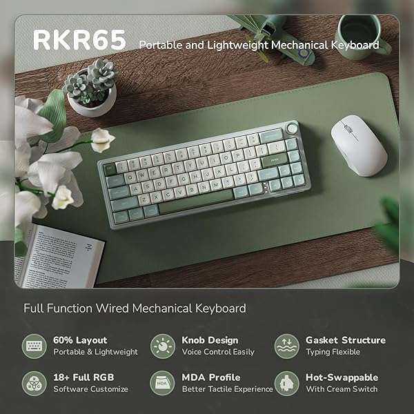RK ROYAL KLUDGE RK Royal Kludge R65: 60% RGB Mechanical Keyboard with Volume Knob, Hot Swappable Cream Switches & PBT Keycaps - View 4 of 11