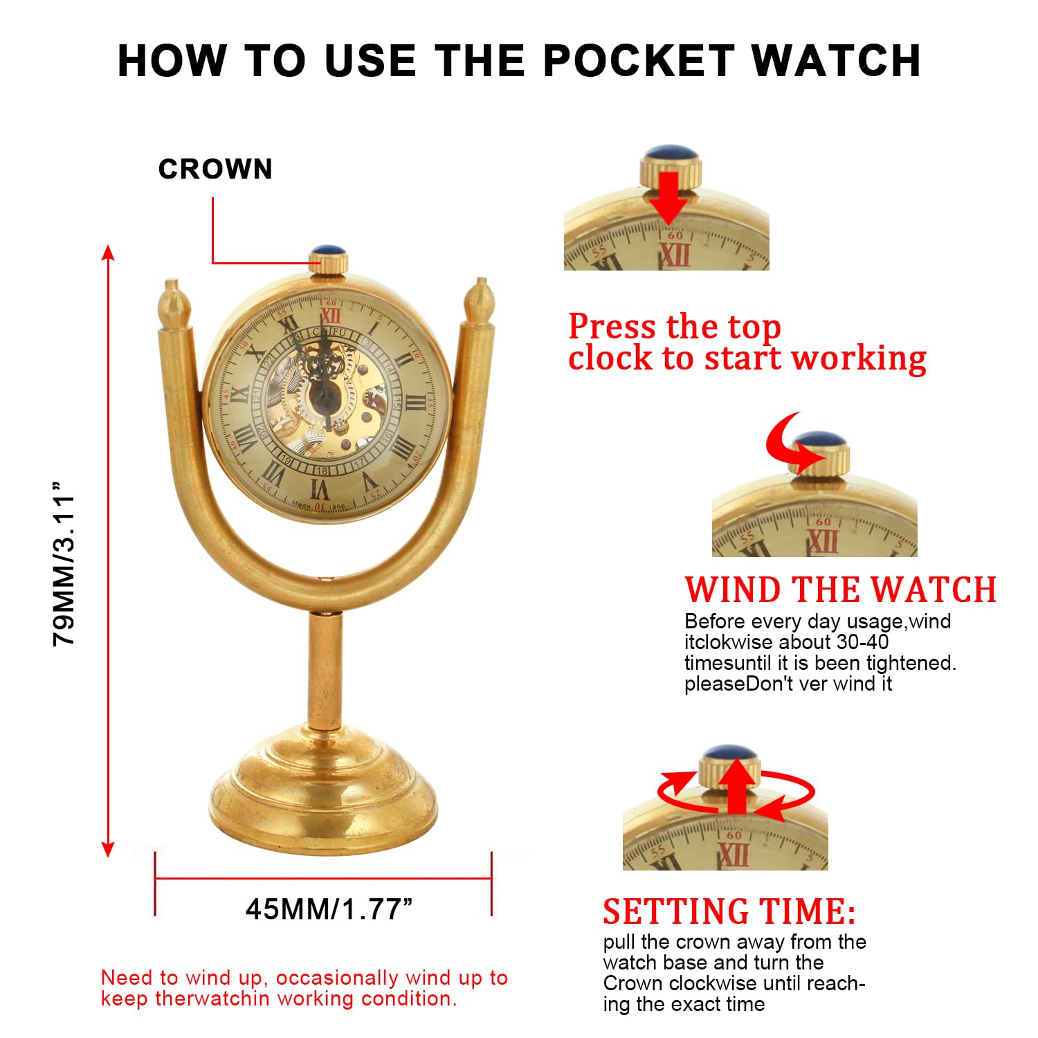 Whodoit Whodoit Gold Ball Shaped Mechanical Pocket Watch for Men with Transparent Roman Digital Dial and Unique Flipping Design - View 6 of 7