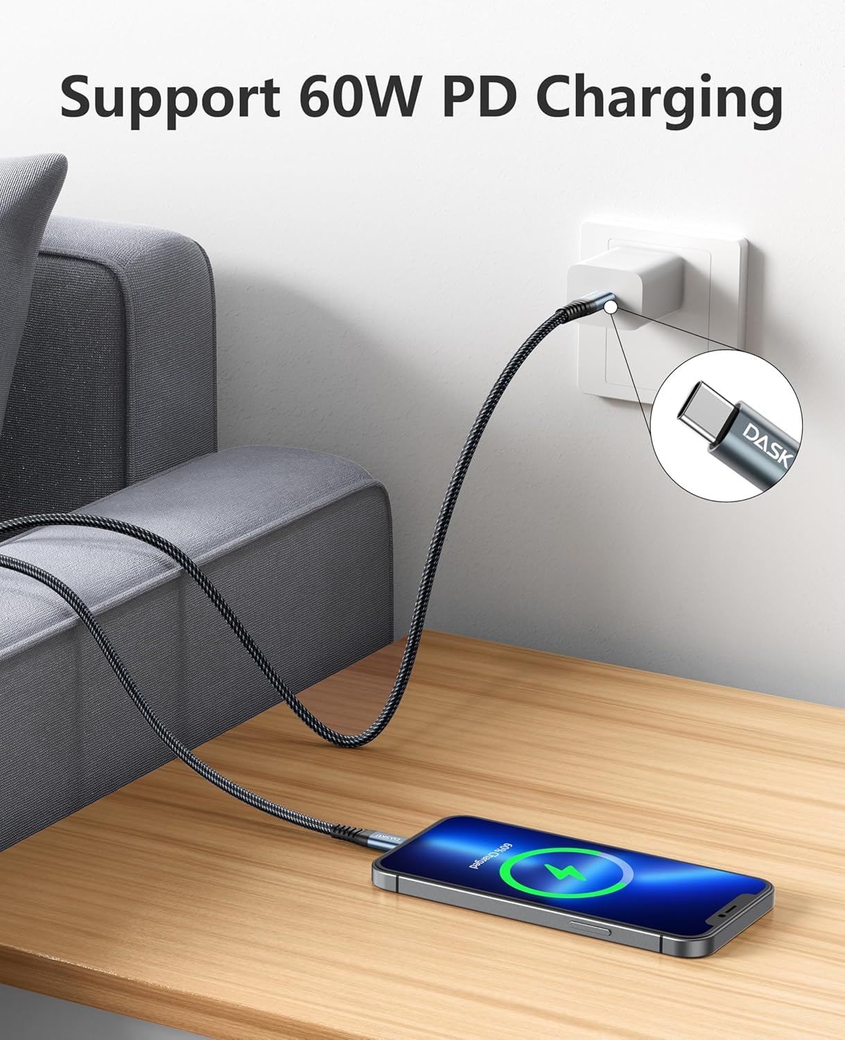 Dasku Dasku USB C to USB C Cable 5 Pack Fast Charging Cord 60W for iPhone 16 15 Pro Max Samsung S23 iPad Pro MacBook and More - View 3 of 8